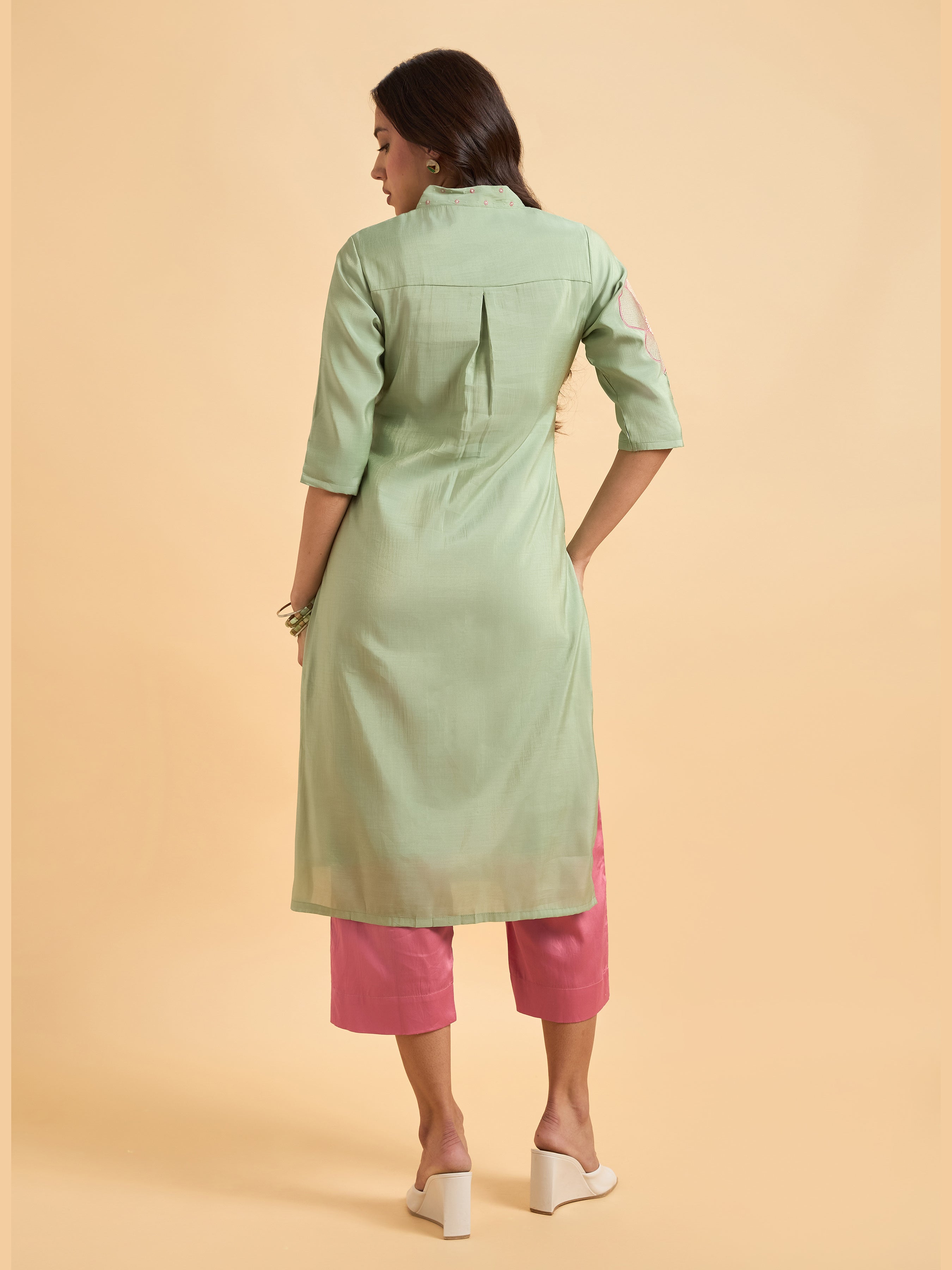 Pista Green Poly Viscose Shimmer Kurti Set With Zari Embroidery And Hand Work