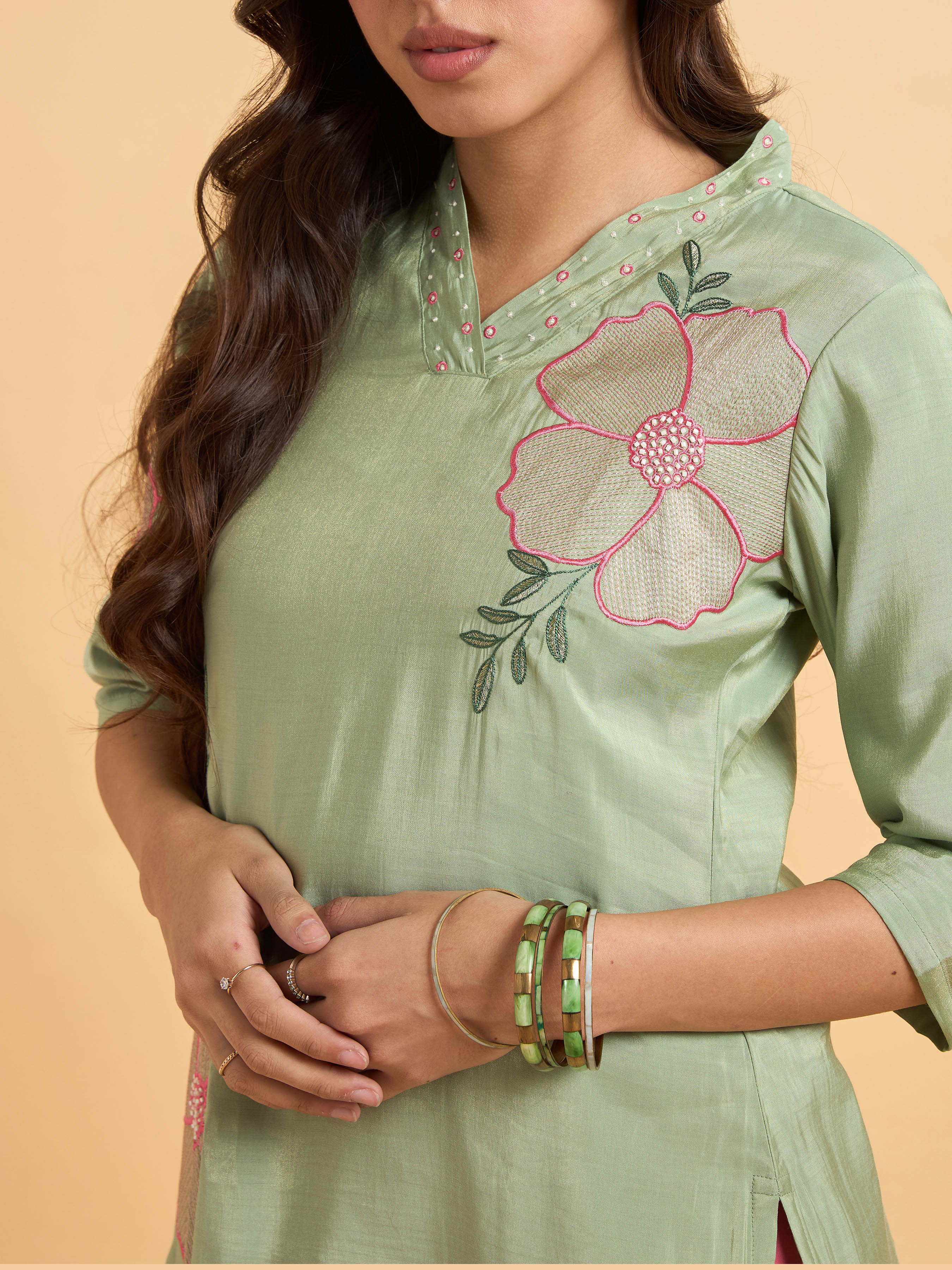 Pista Green Poly Viscose Shimmer Kurti Set With Zari Embroidery And Hand Work