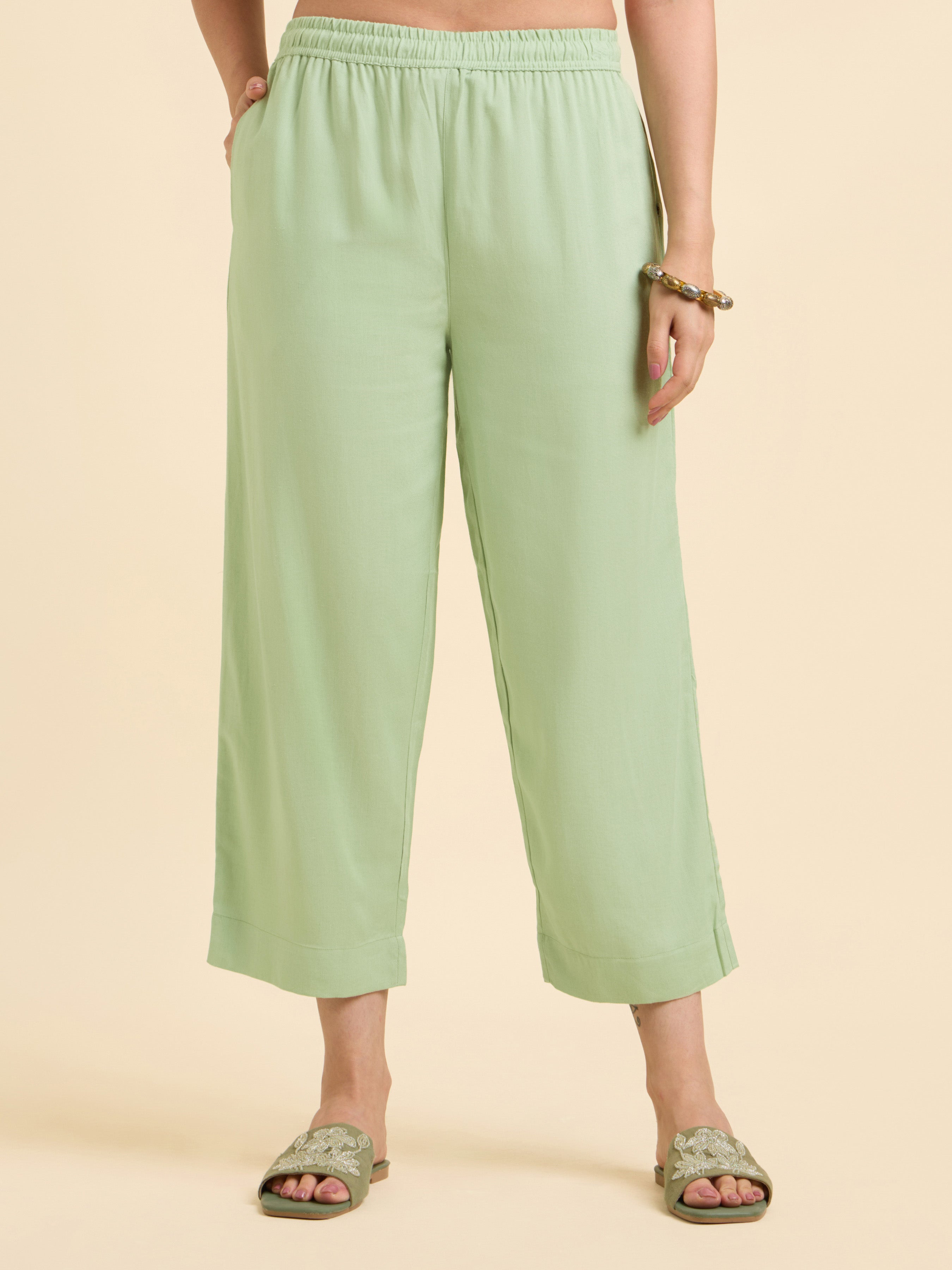 Pista Green Viscose Linen Plain Slited Kurti Set With Embroidery