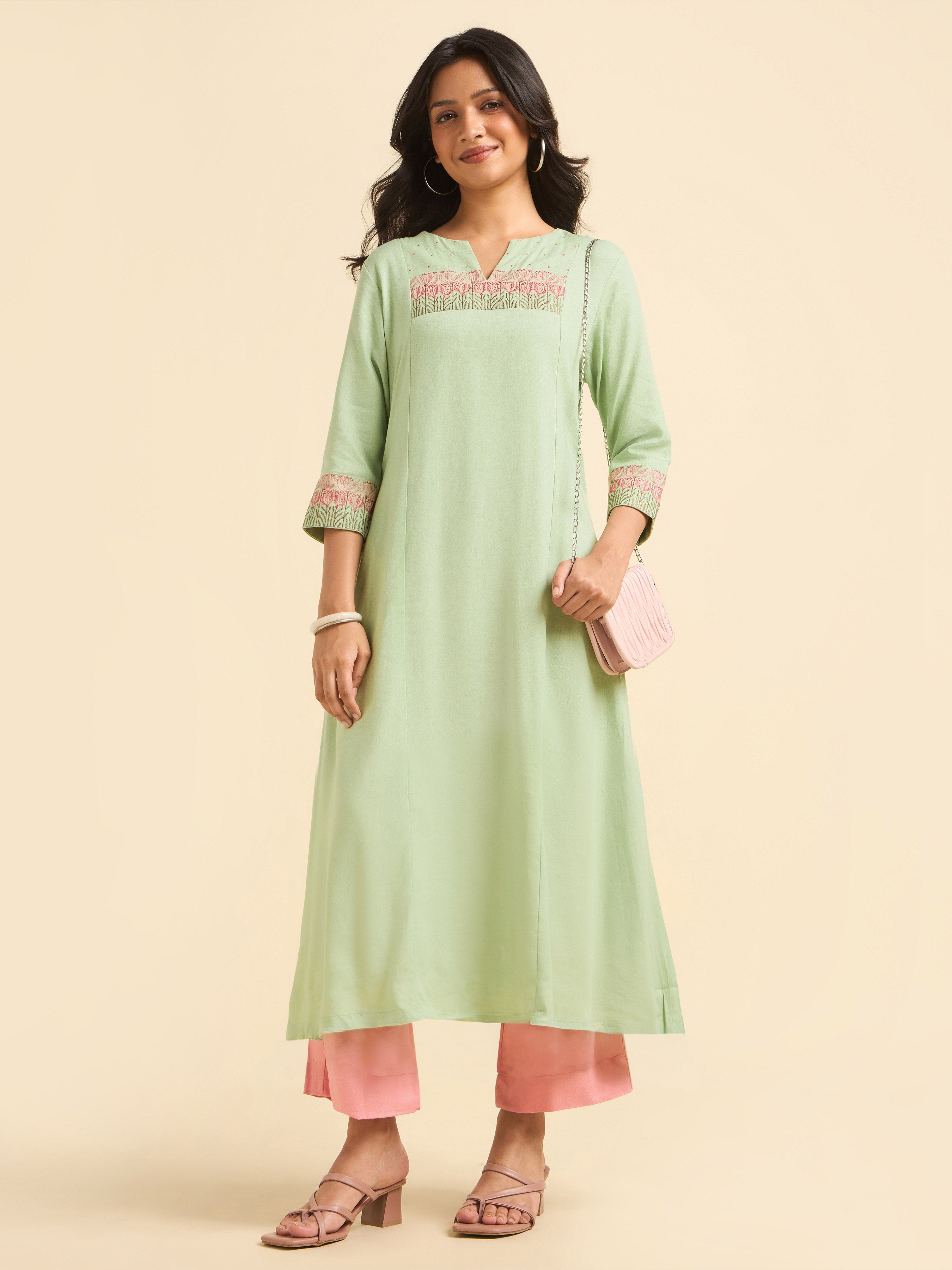 Pista Green Viscose Linen Flared Kurti Set With Embroidery