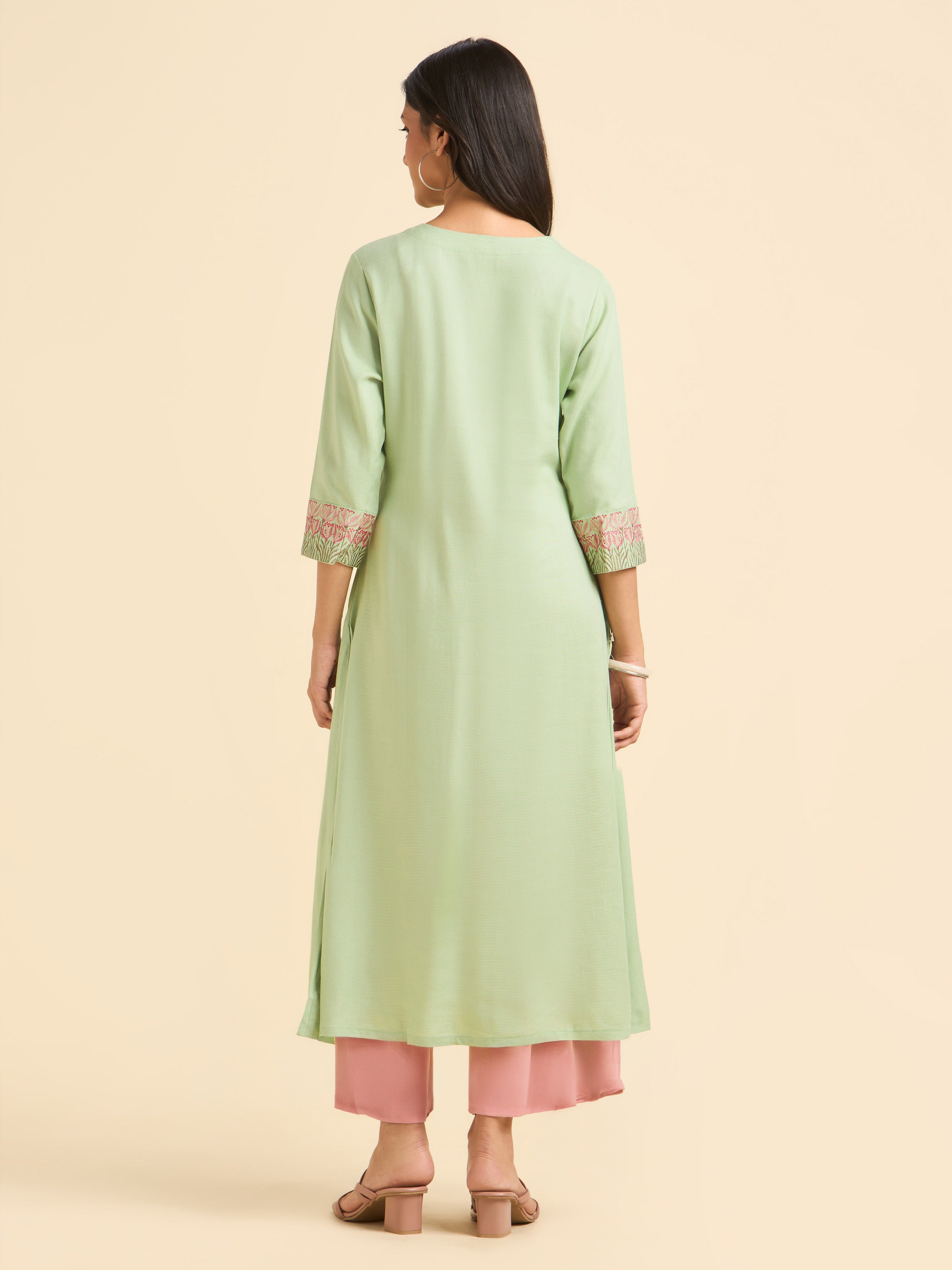 Pista Green Viscose Linen Flared Kurti Set With Embroidery