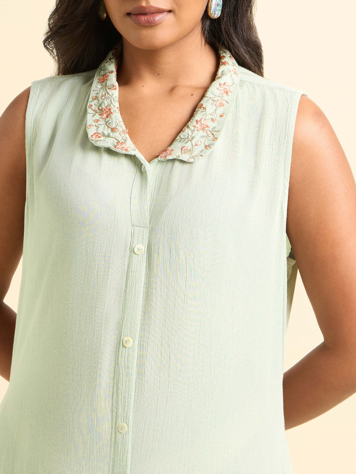 Pista Green Wrinkle Viscose Plain Kurti With Embroidery