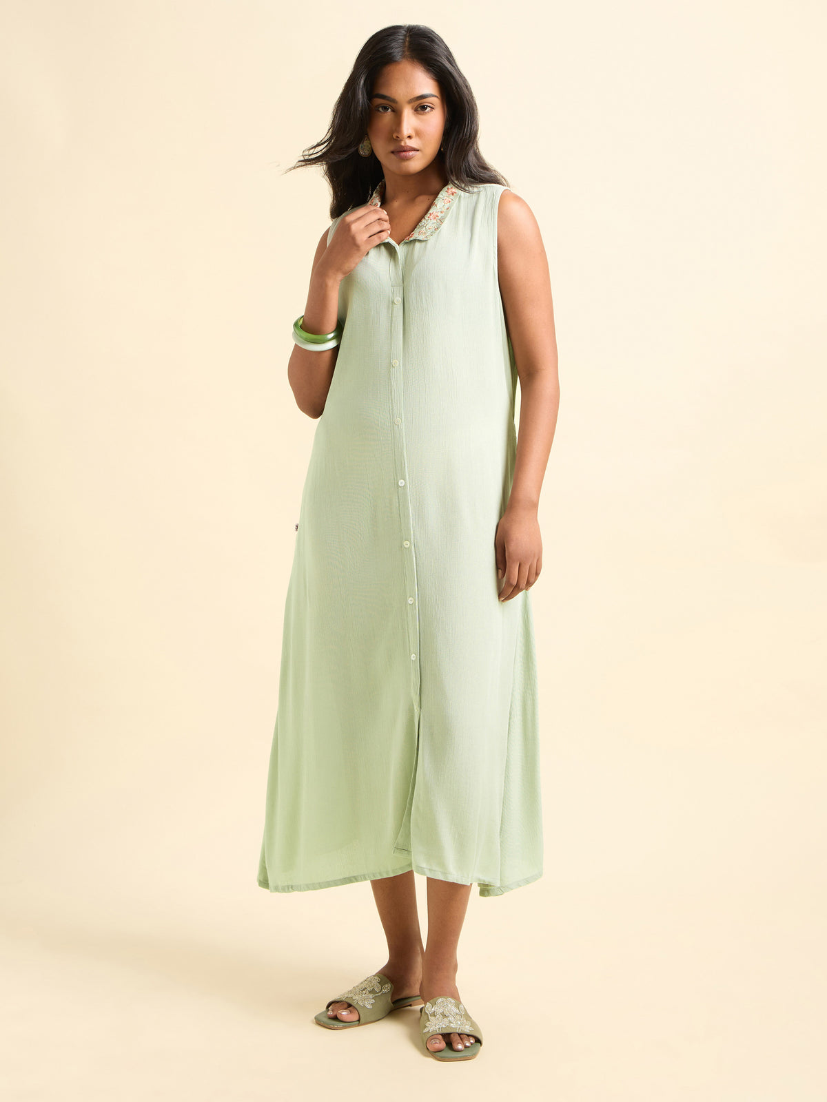 Pista Green Wrinkle Viscose Plain Kurti With Embroidery