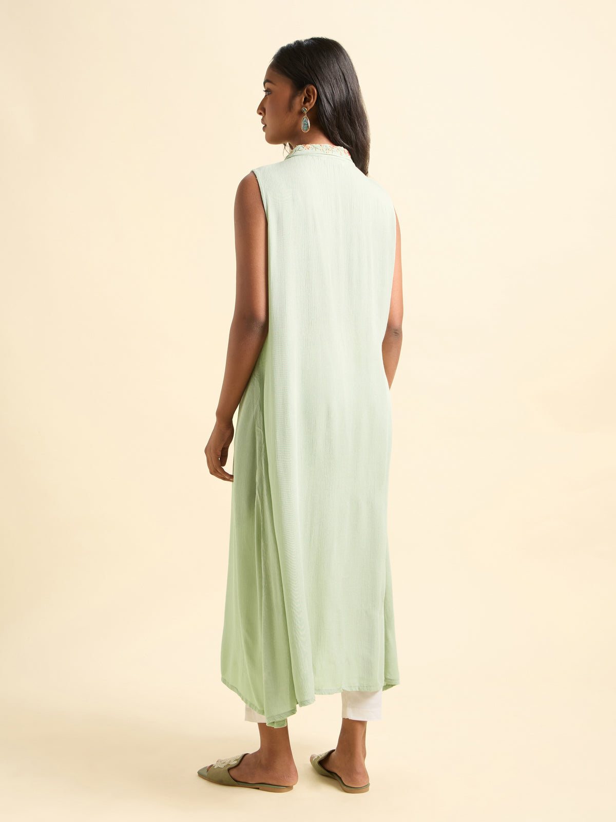 Pista Green Wrinkle Viscose Plain Kurti With Embroidery
