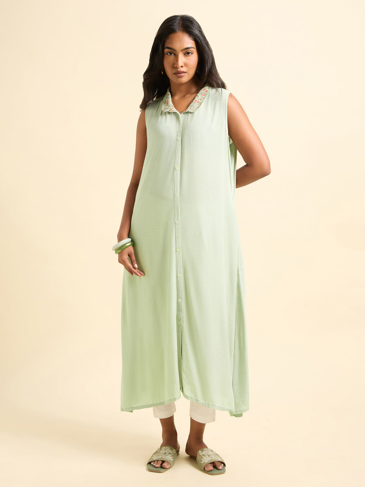 Pista Green Wrinkle Viscose Plain Kurti With Embroidery