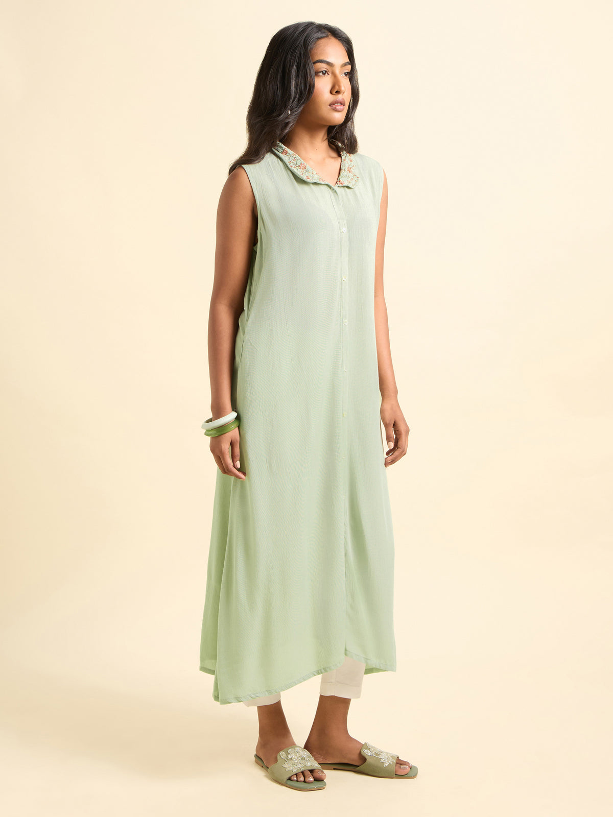 Pista Green Wrinkle Viscose Plain Kurti With Embroidery