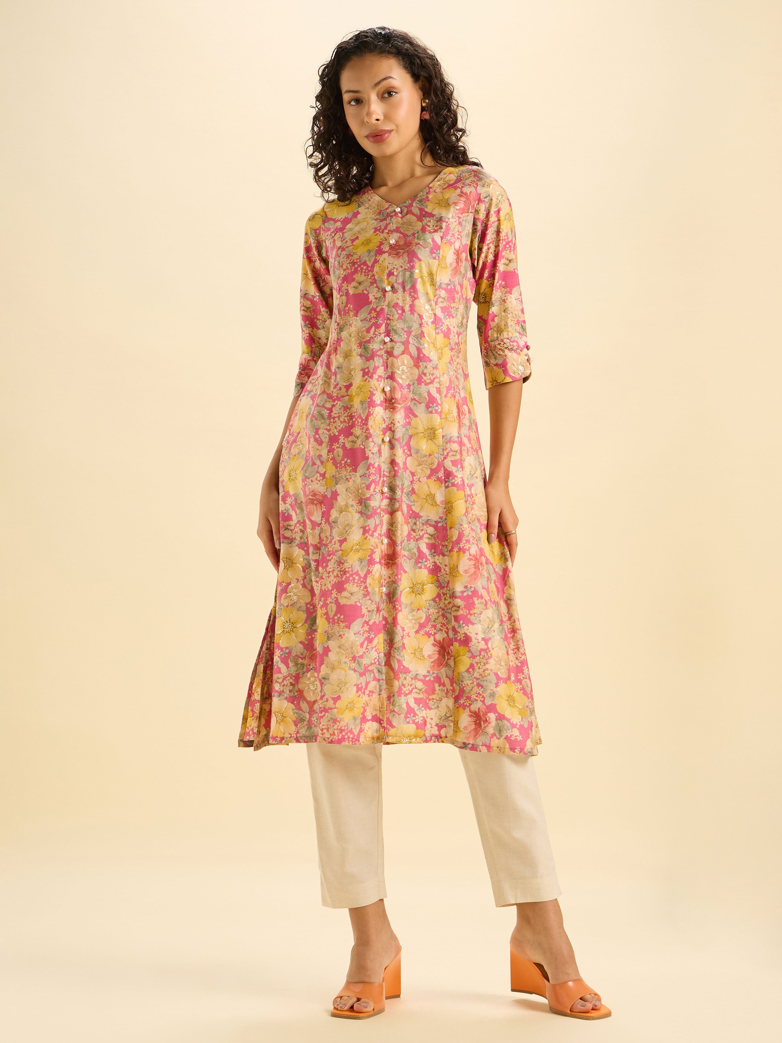 Pnik Multi Modalchanderi Printed Flared Kurti With Princess Cut