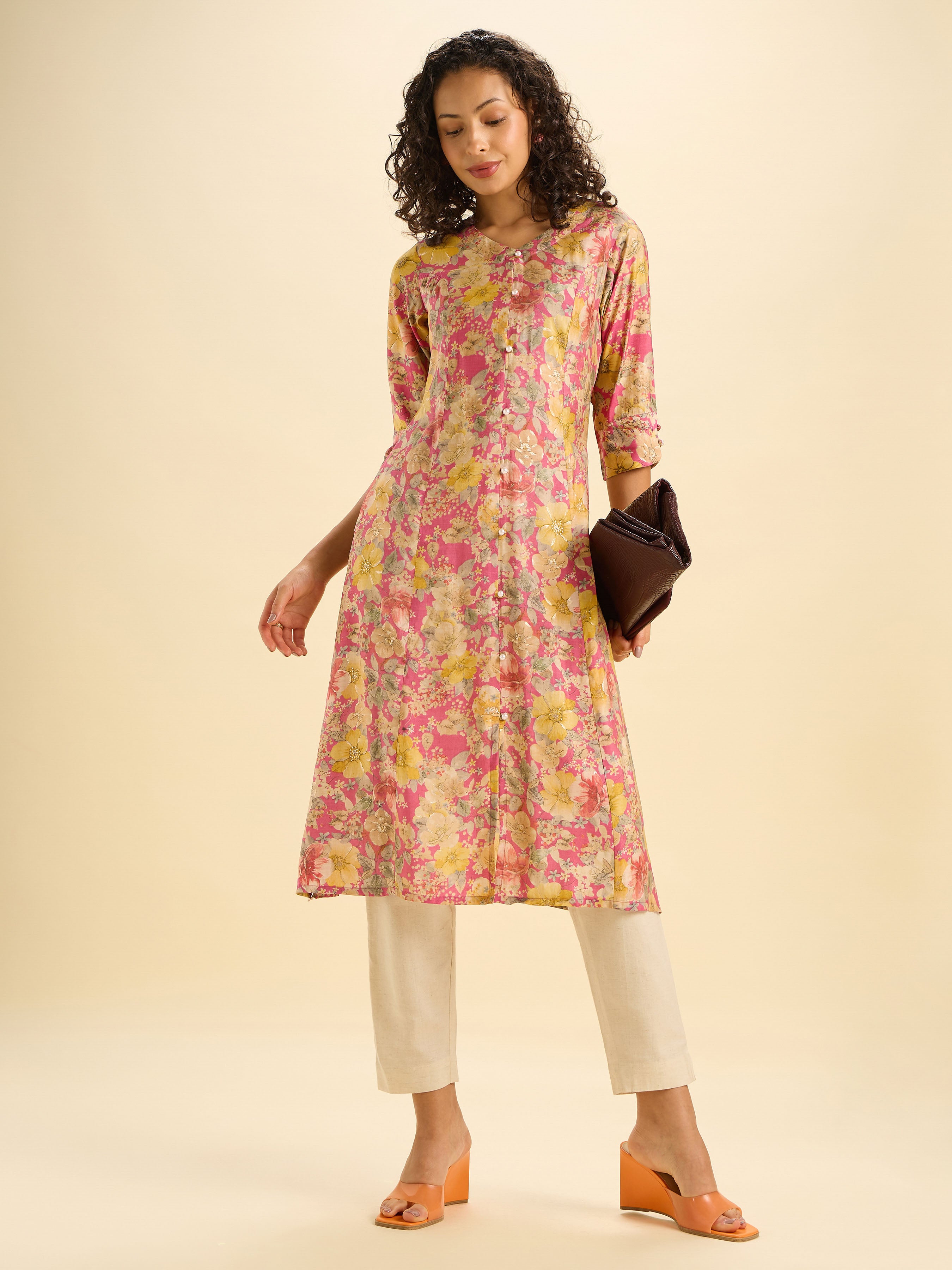 Pnik Multi Modalchanderi Printed Flared Kurti With Princess Cut