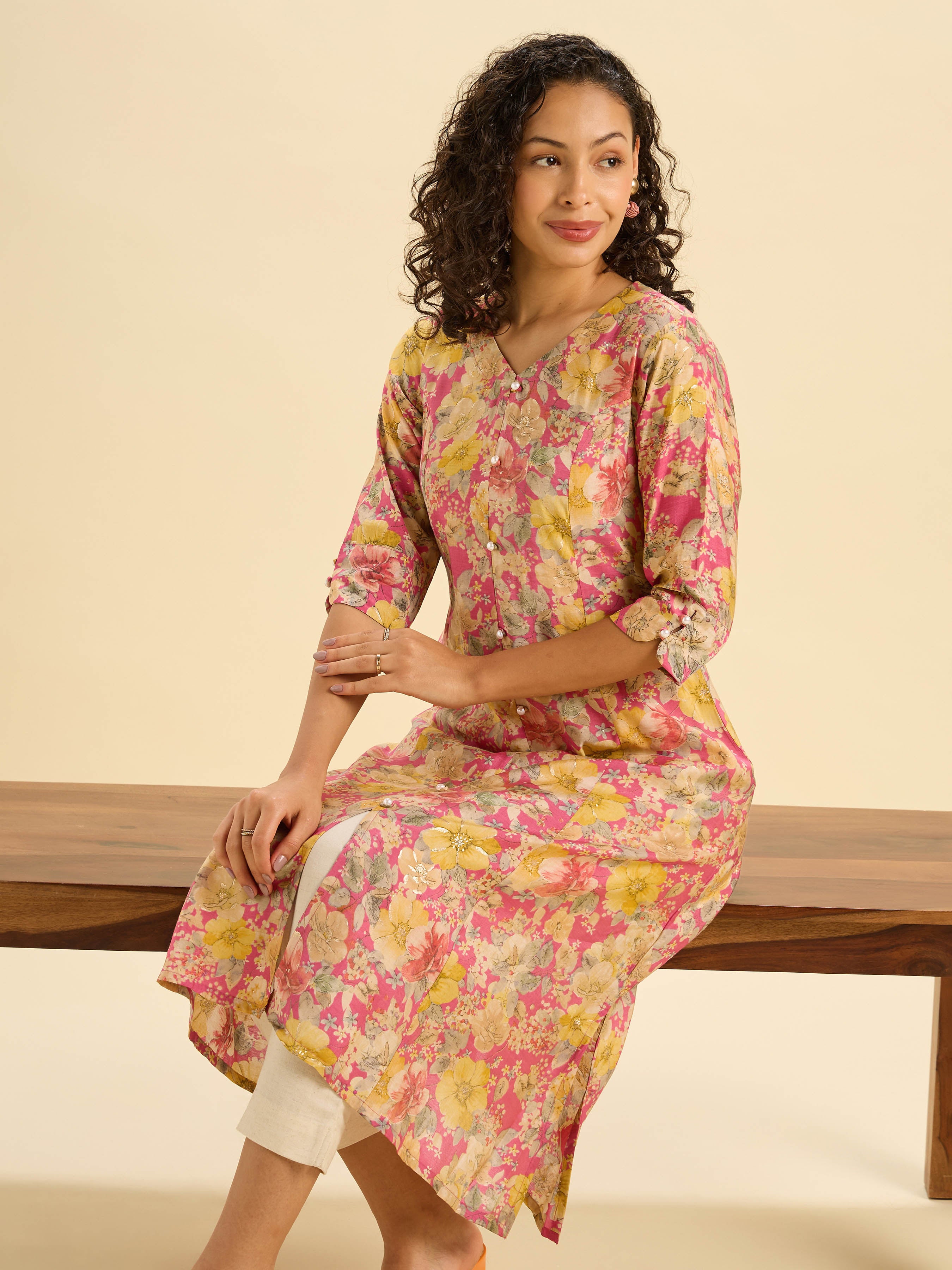 Pnik Multi Modalchanderi Printed Flared Kurti With Princess Cut