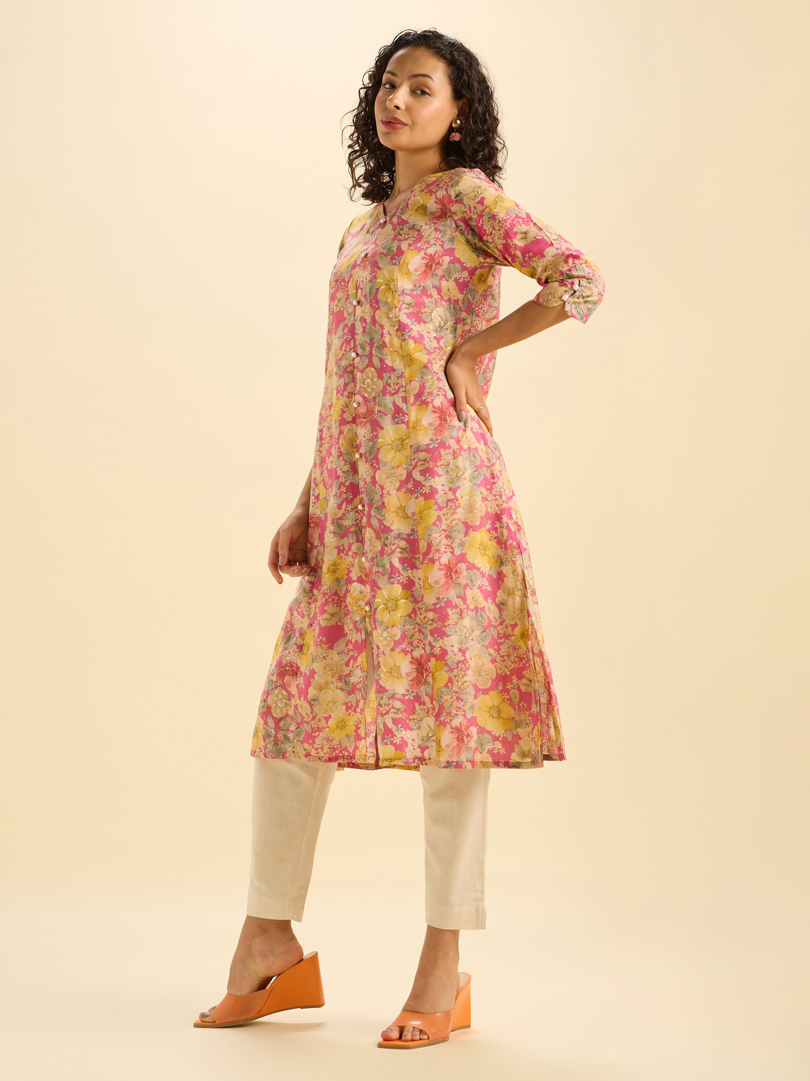 Pnik Multi Modalchanderi Printed Flared Kurti With Princess Cut
