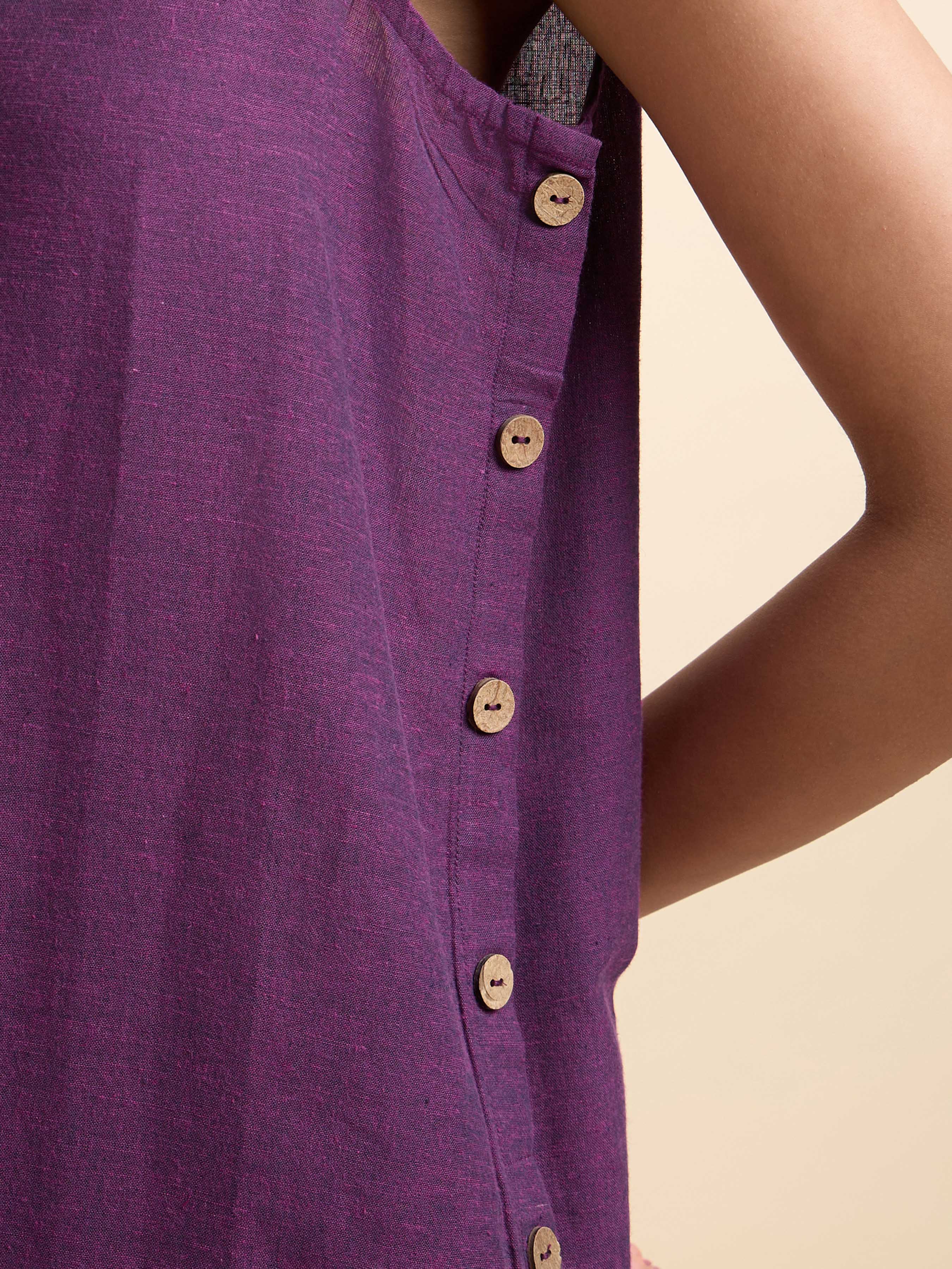 Purple Cotton Flax Plain Relaxed Fit Kurti Set With Side Placket