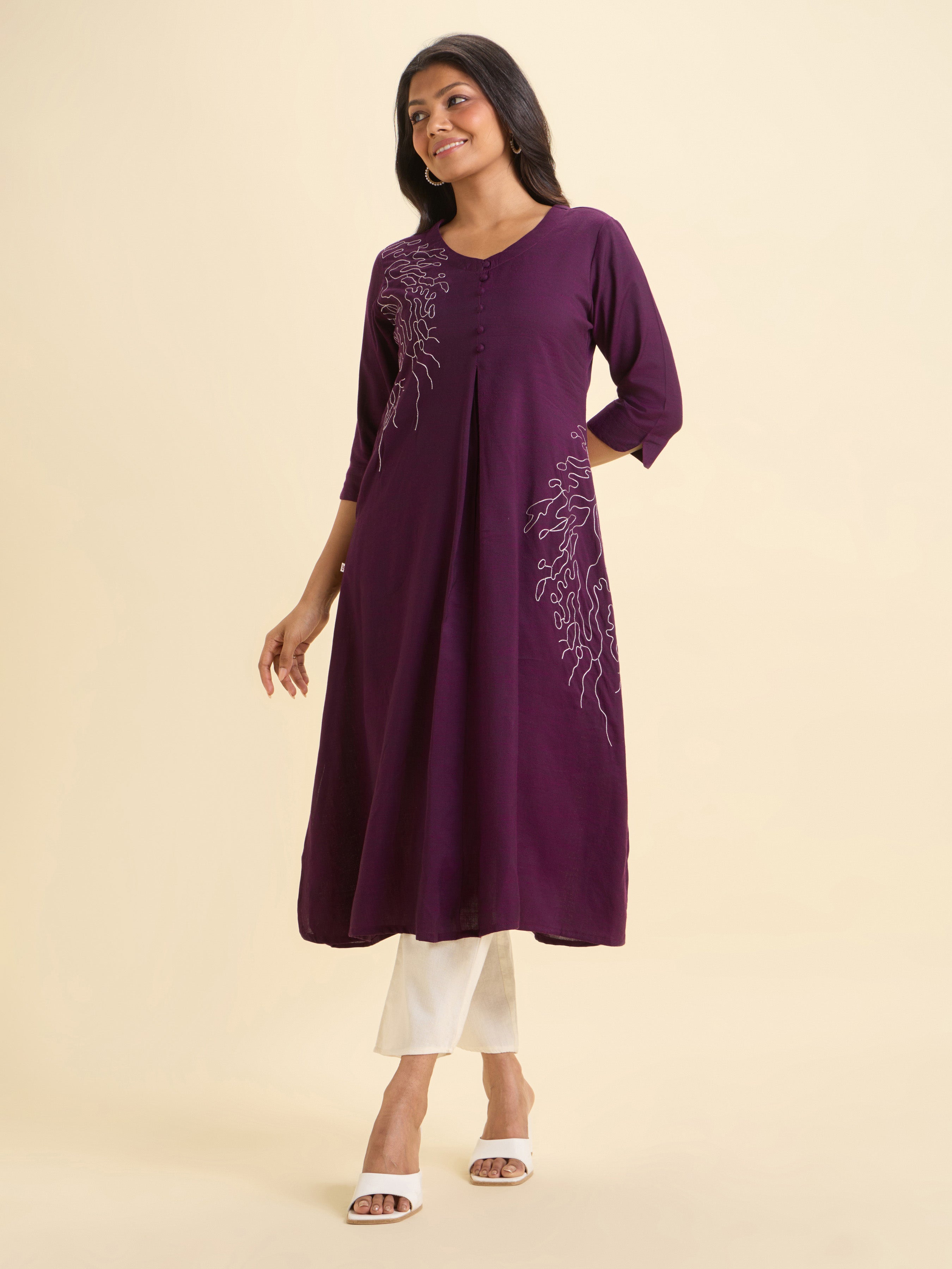 Purple Cotton Viscose Slub Plain Flared Kurti With Embroidery