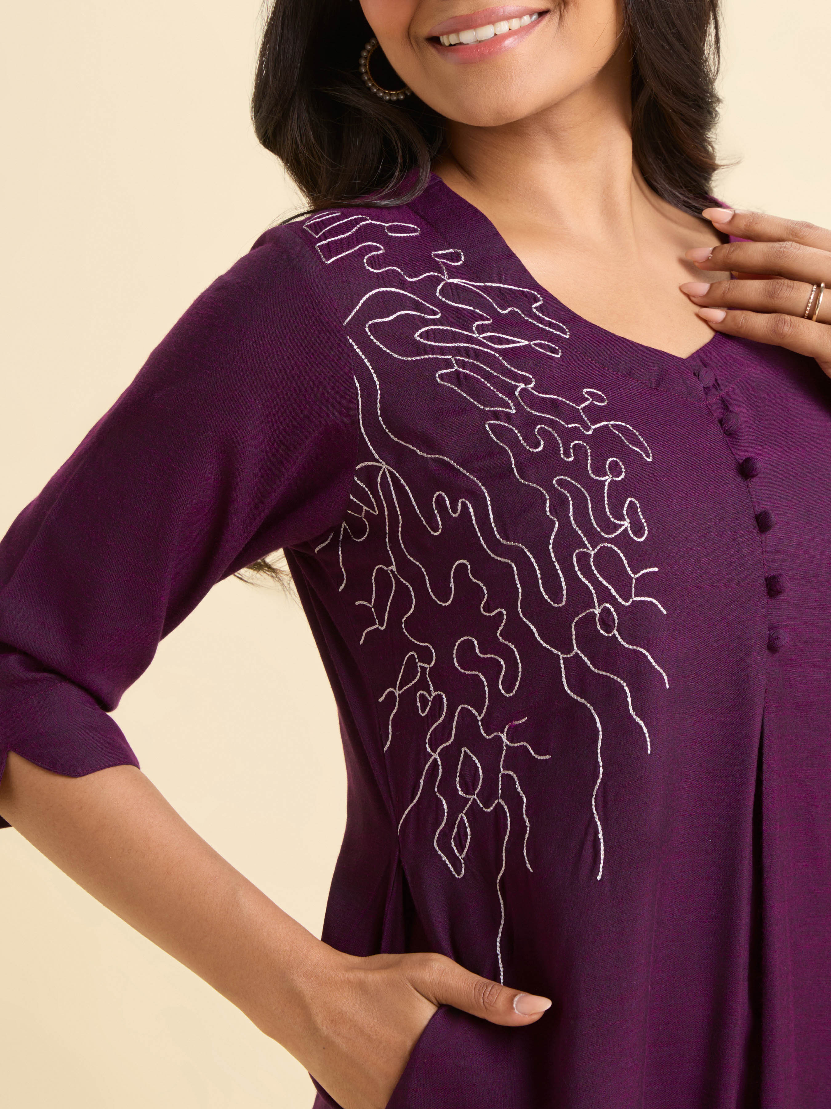 Purple Cotton Viscose Slub Plain Flared Kurti With Embroidery