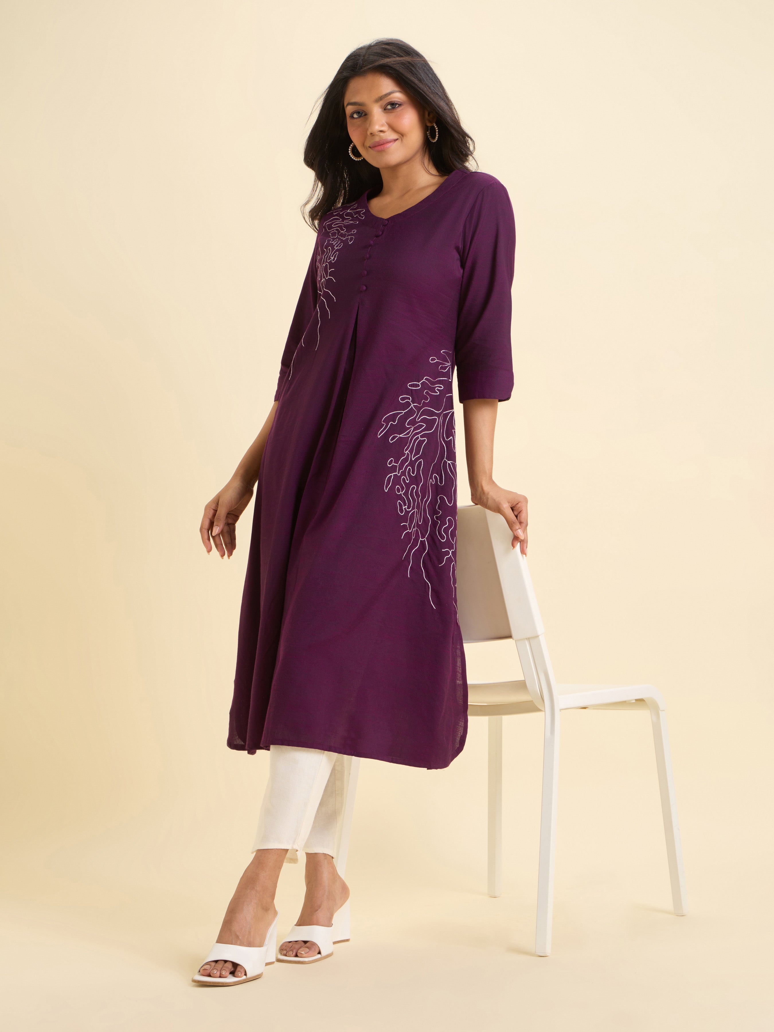 Purple Cotton Viscose Slub Plain Flared Kurti With Embroidery
