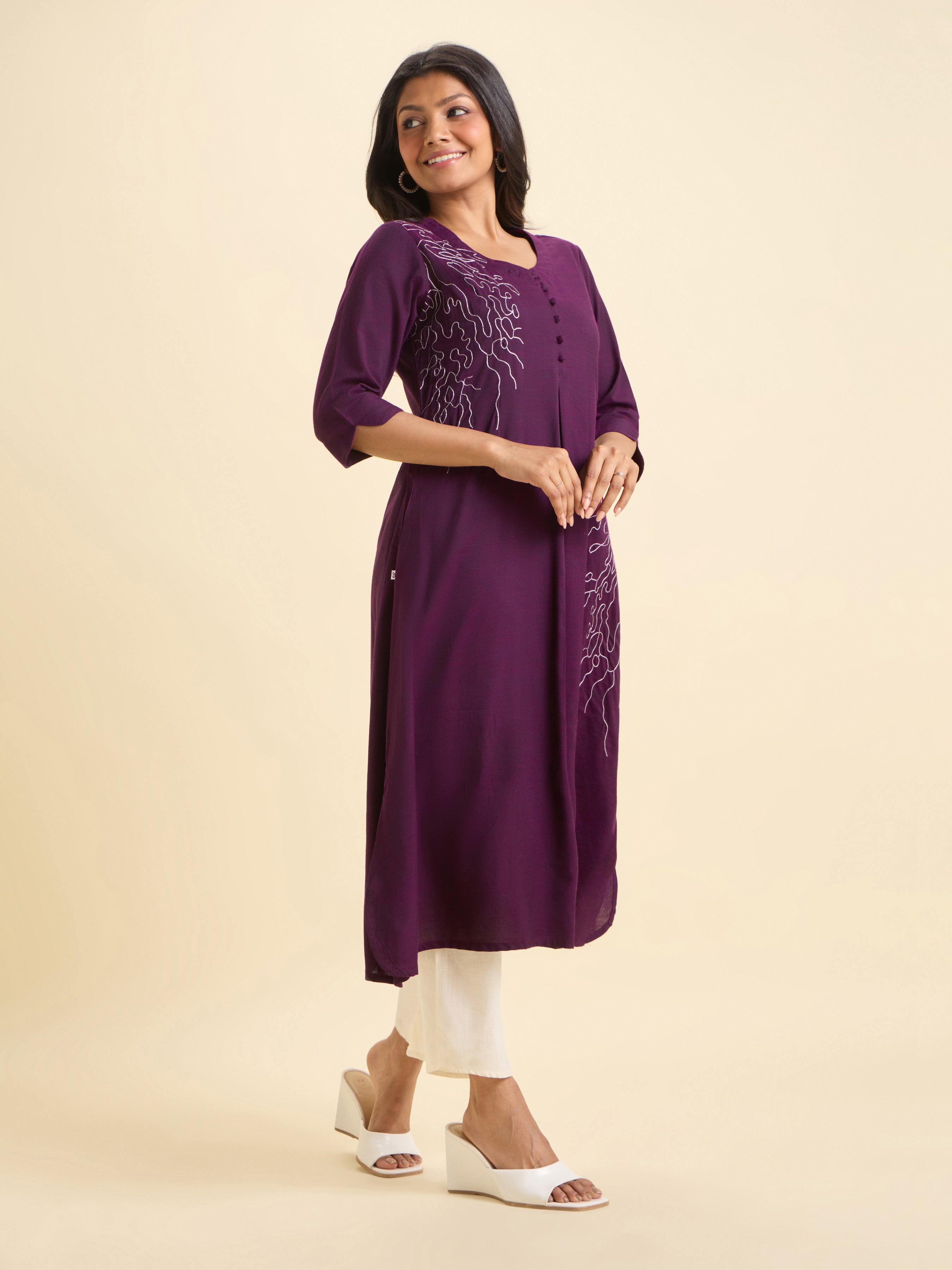 Purple Cotton Viscose Slub Plain Flared Kurti With Embroidery