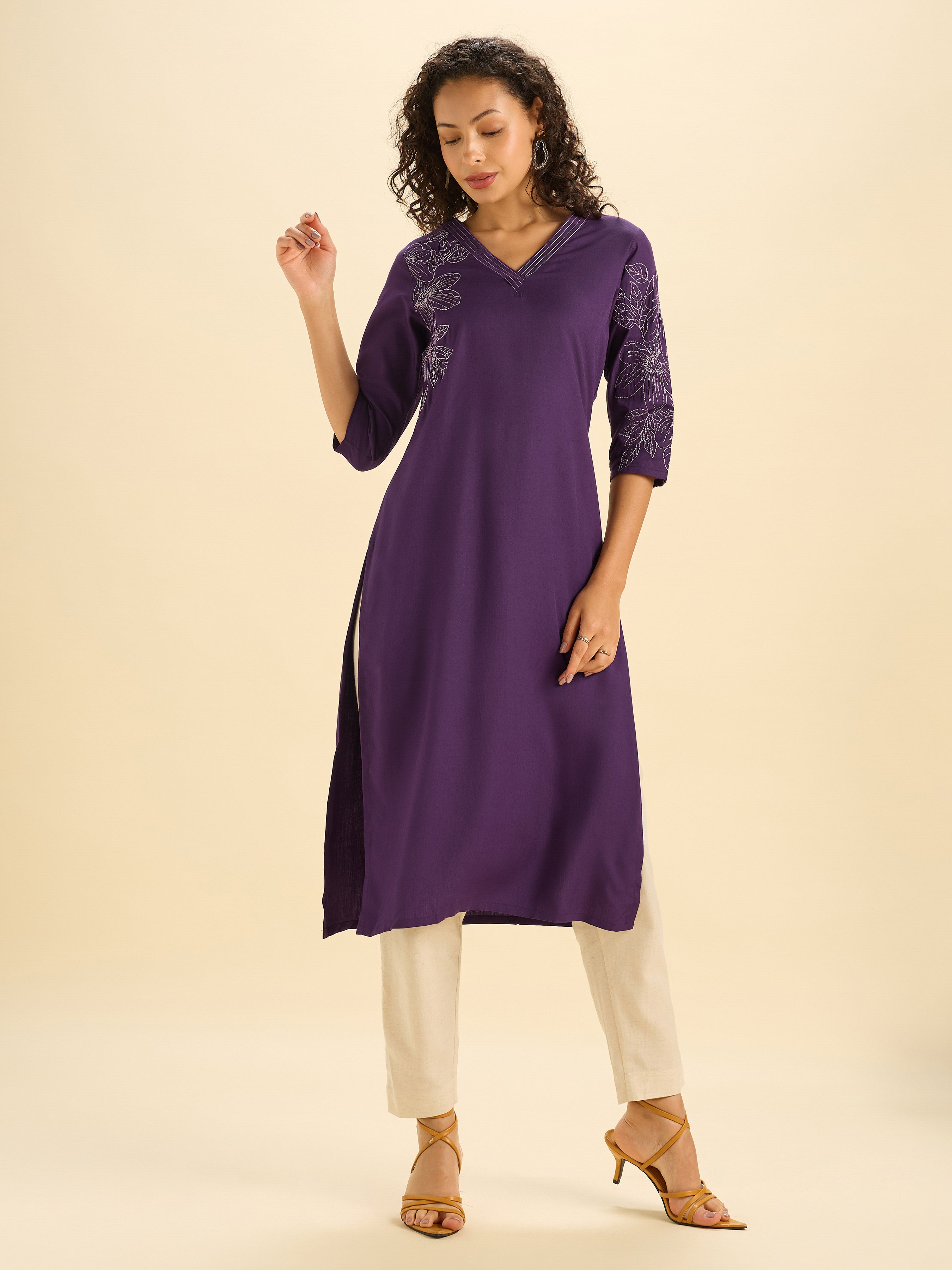 Purple Viscose Blend Slit Kurti With Embroidery And Sequins