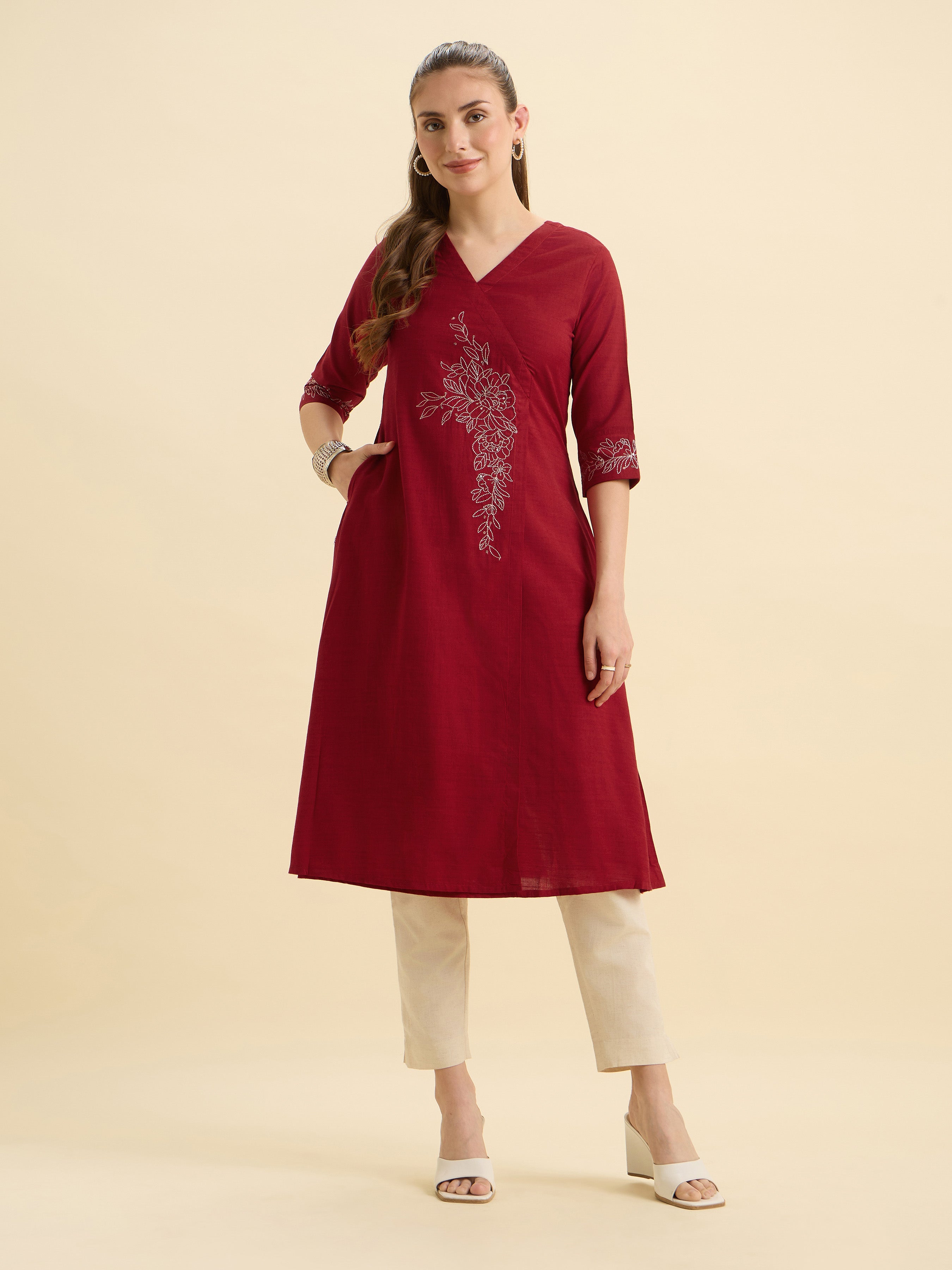 Red Cotton Viscose Angrakha Kurta With Sequence Embroidery