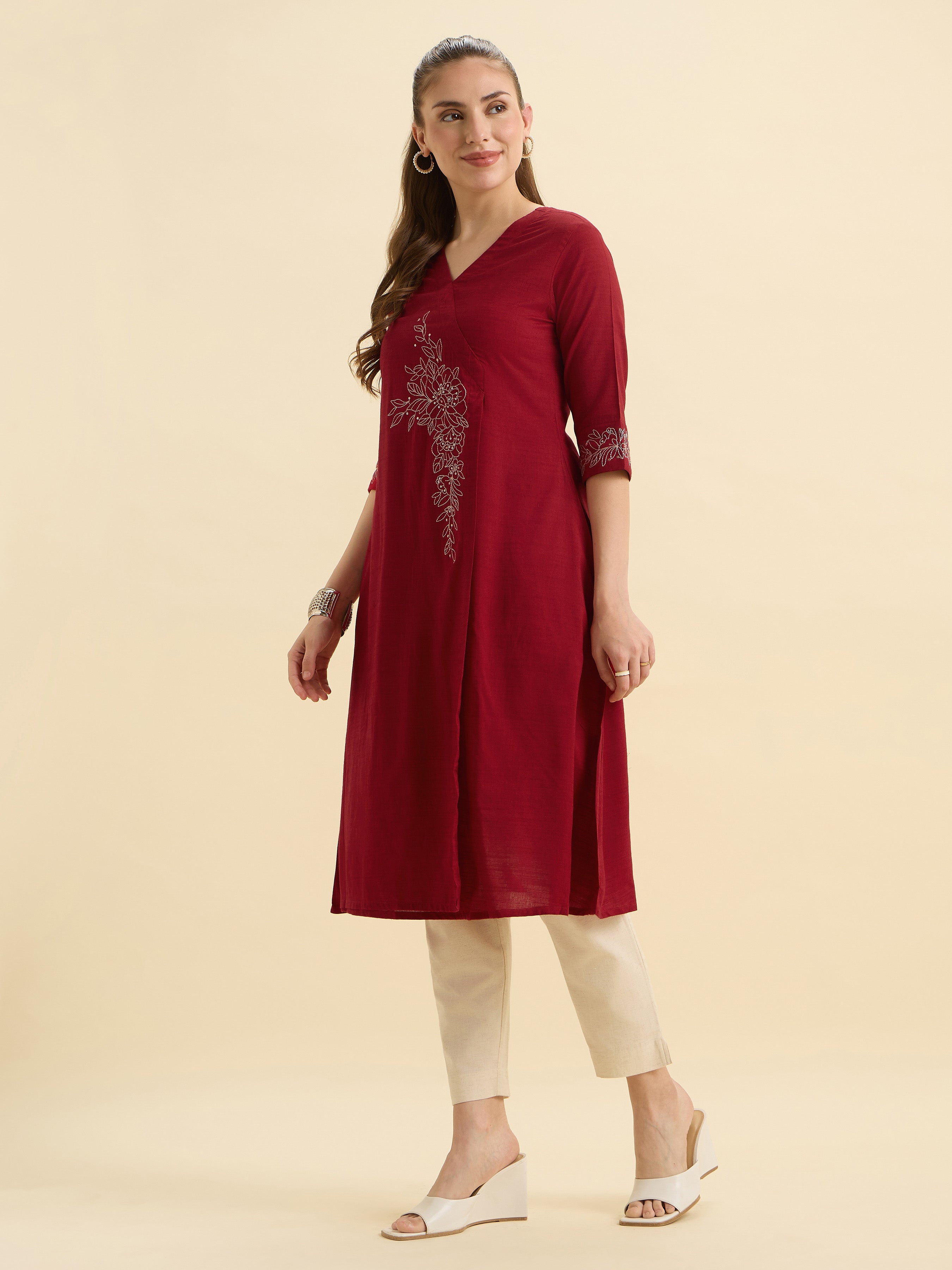 Red Cotton Viscose Angrakha Kurta With Sequence Embroidery