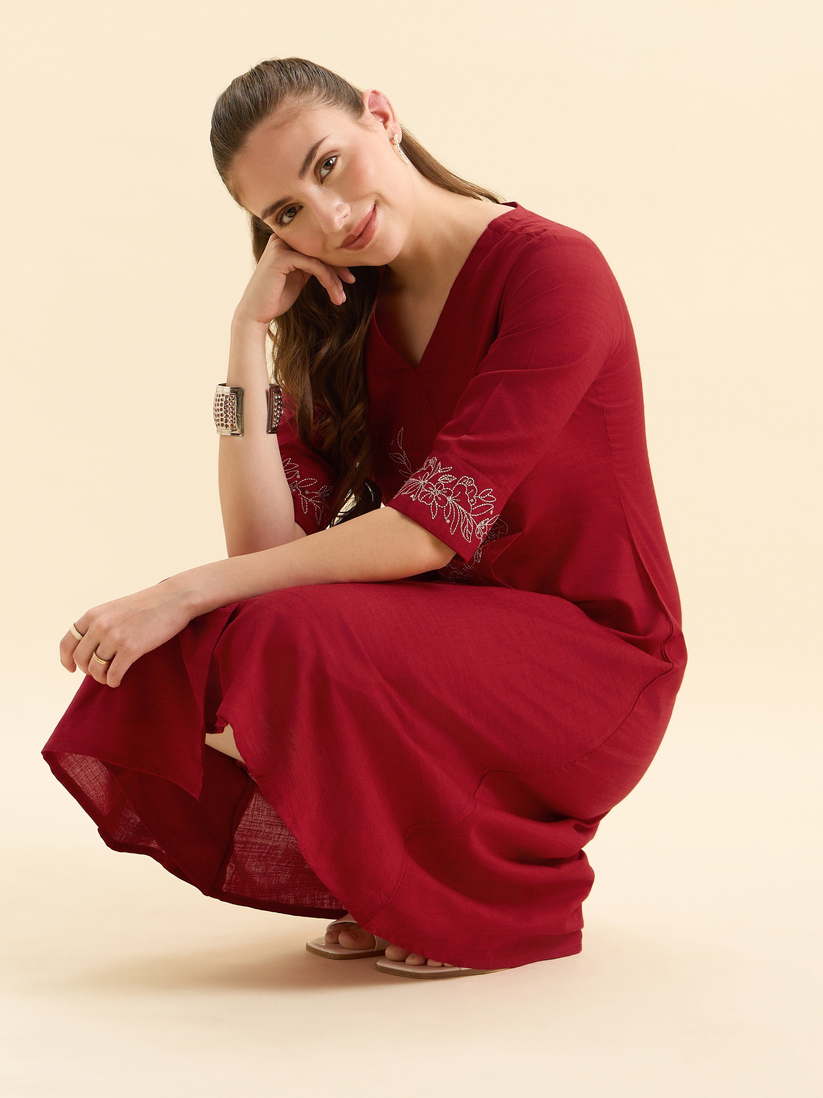 Red Cotton Viscose Angrakha Kurta With Sequence Embroidery