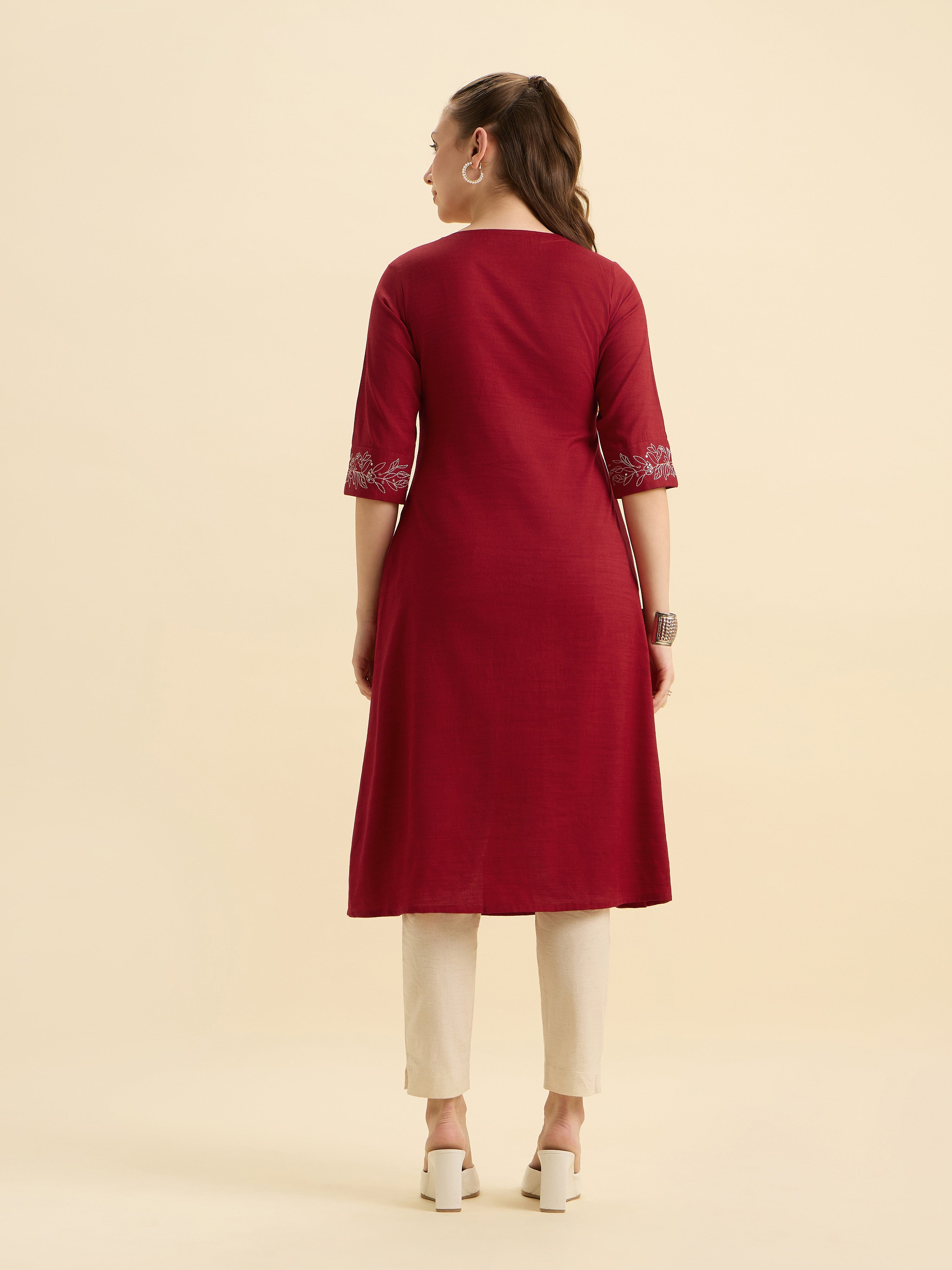 Red Cotton Viscose Angrakha Kurta With Sequence Embroidery