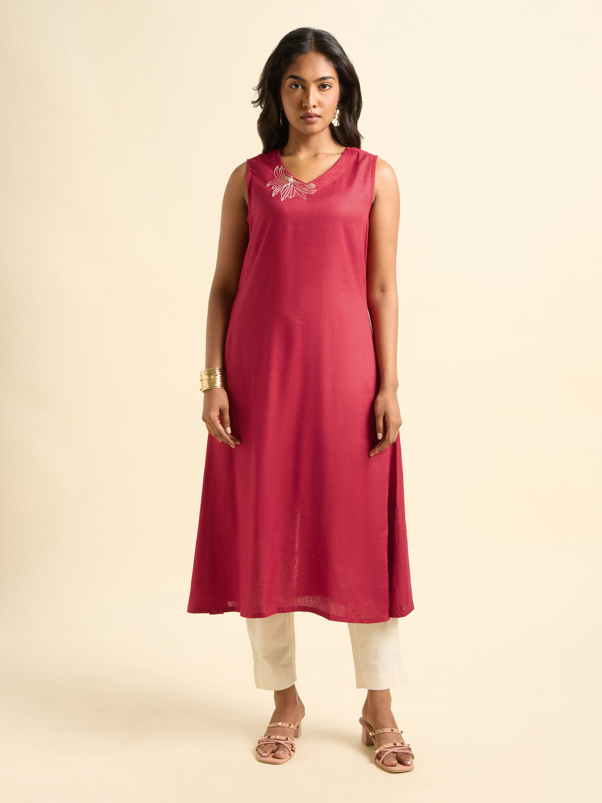 Red Lyocell Plain Flared Kurti With Embroidery
