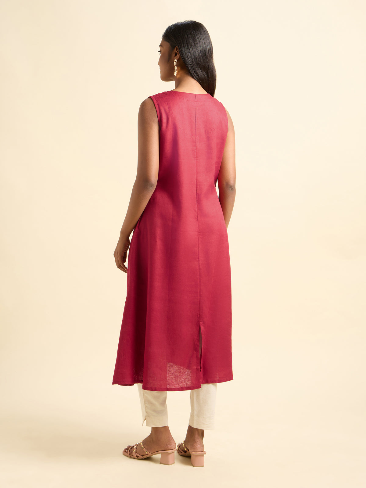 Red Lyocell Plain Flared Kurti With Embroidery