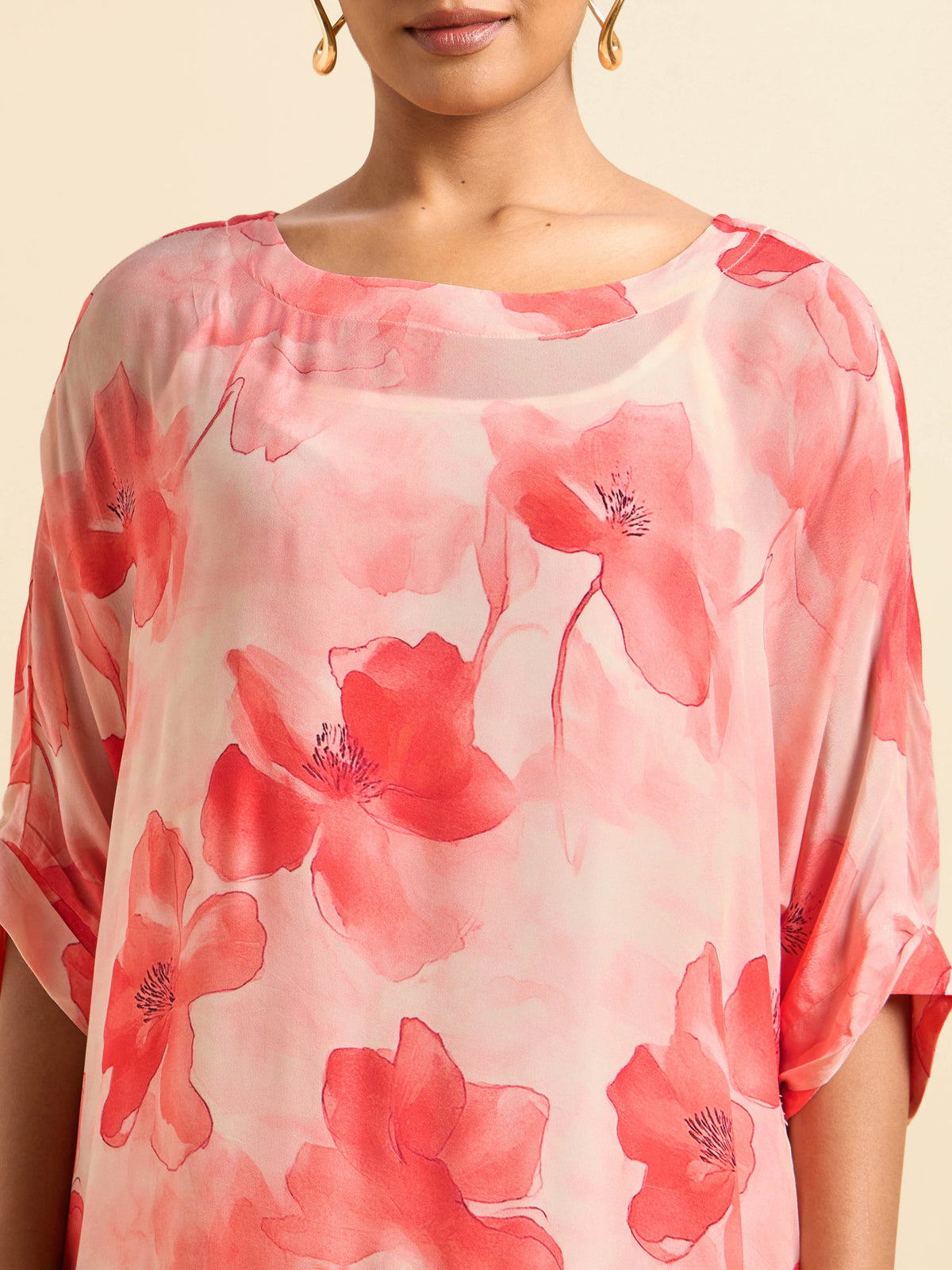 Red Multi Colour Bemberg Crepe Printed Kaftan With Separate Slip In Shantoon With Adjustable Strap