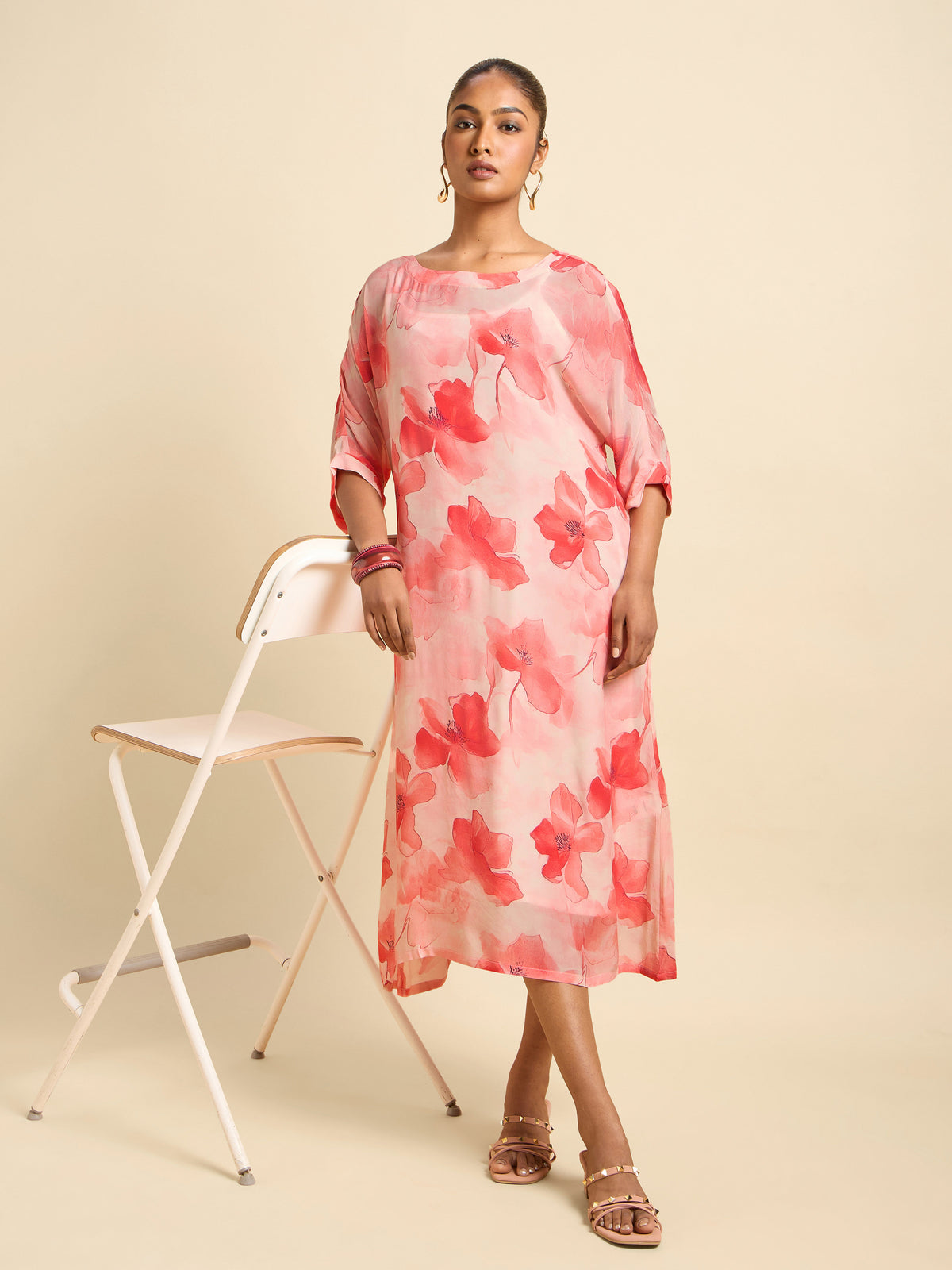 Red Multi Colour Bemberg Crepe Printed Kaftan With Separate Slip In Shantoon With Adjustable Strap