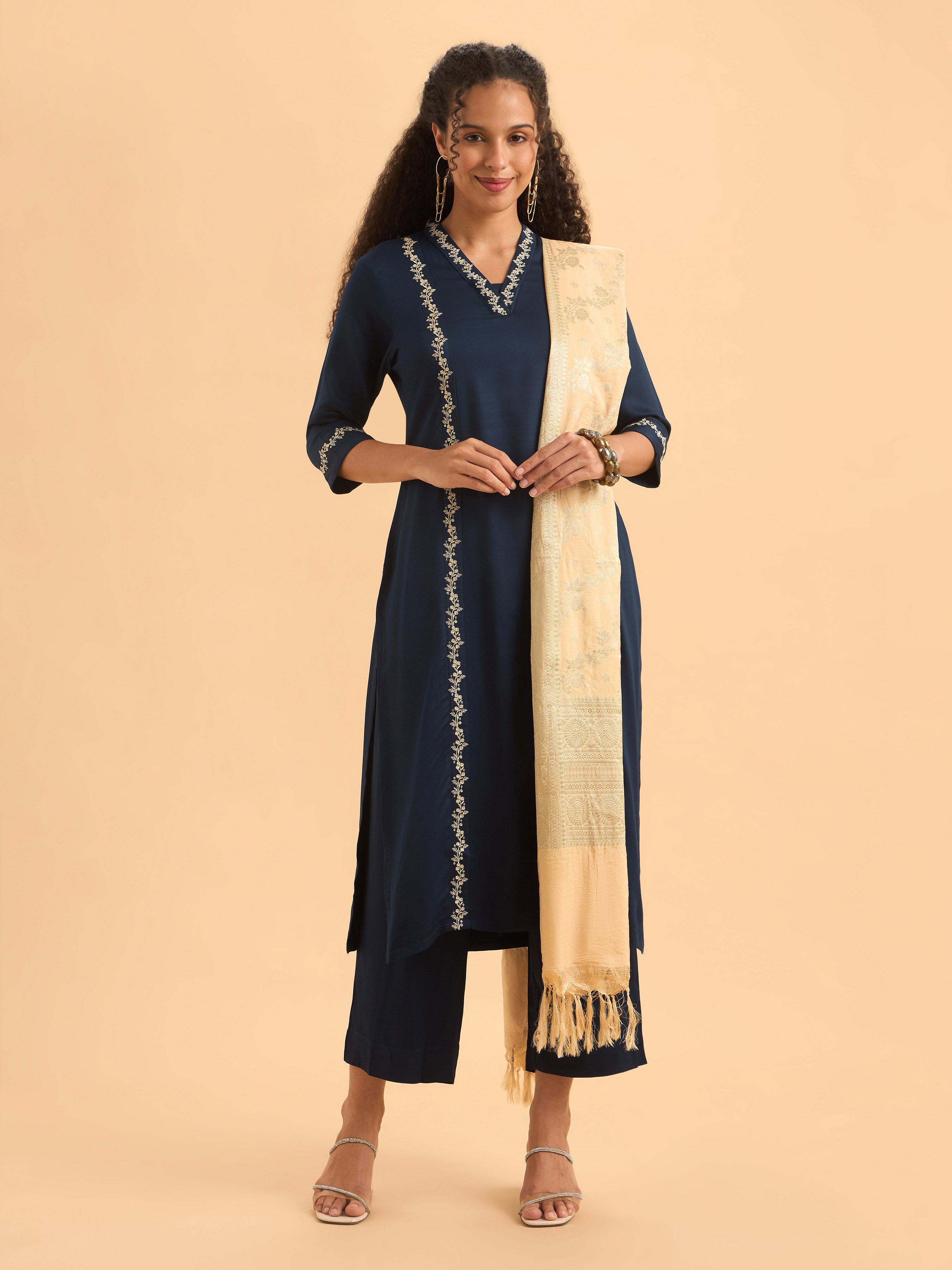 Royal Blue Viscose Kurti Set With Dupatta And Handwork Embroidery