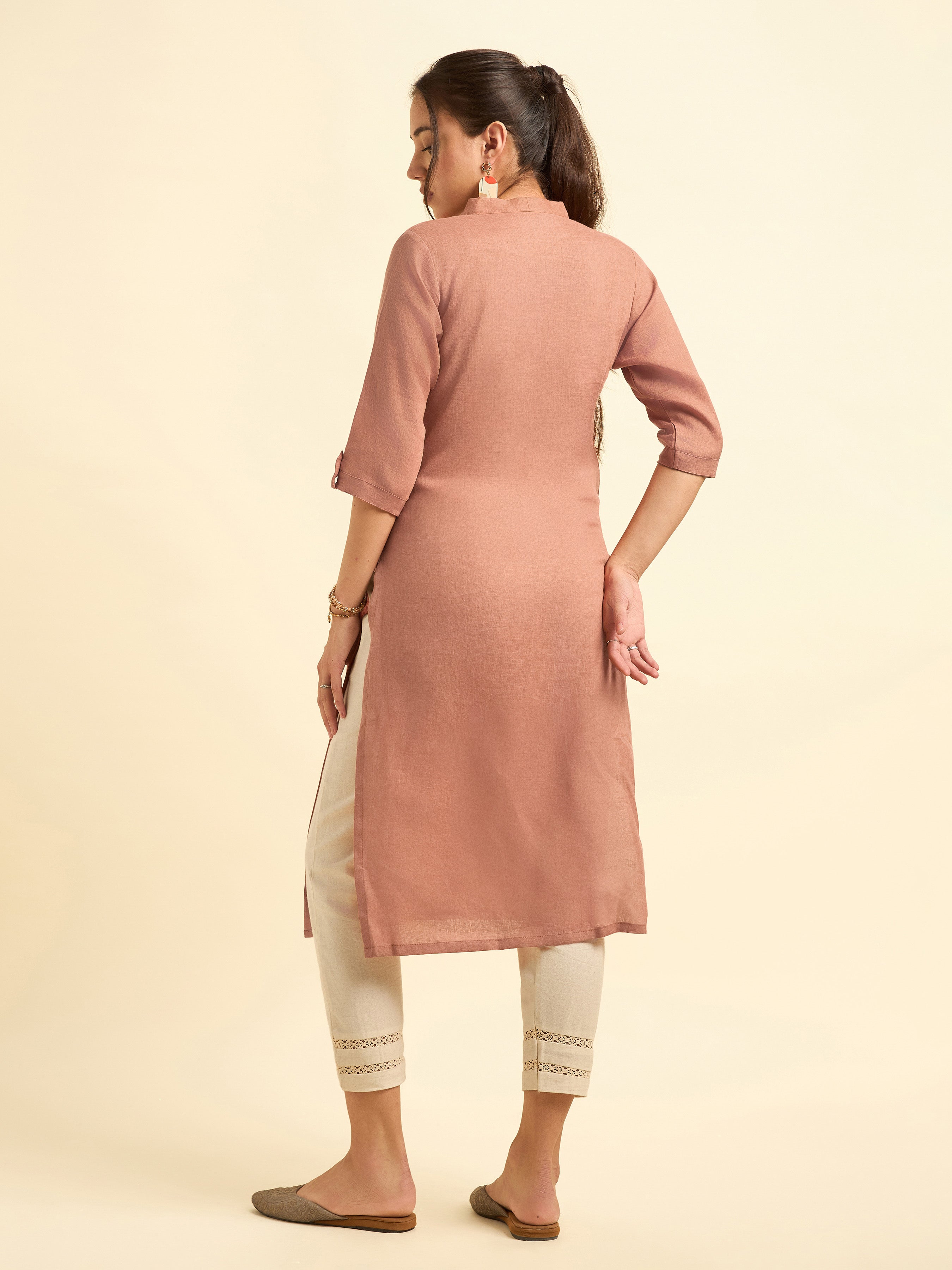 Rust Orange Colour Linen Plain Slitted Kurti With Full Placket