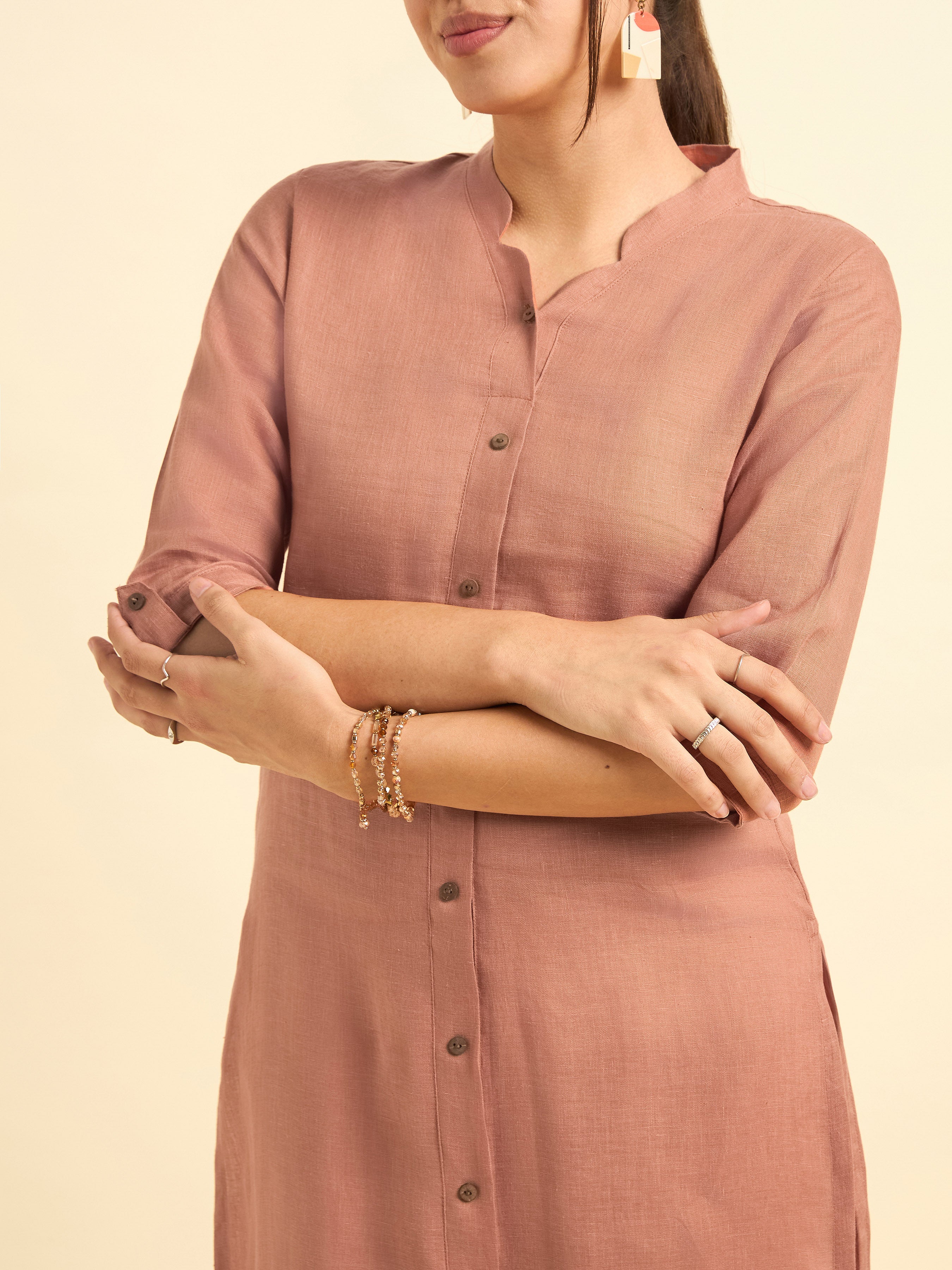 Rust Orange Colour Linen Plain Slitted Kurti With Full Placket
