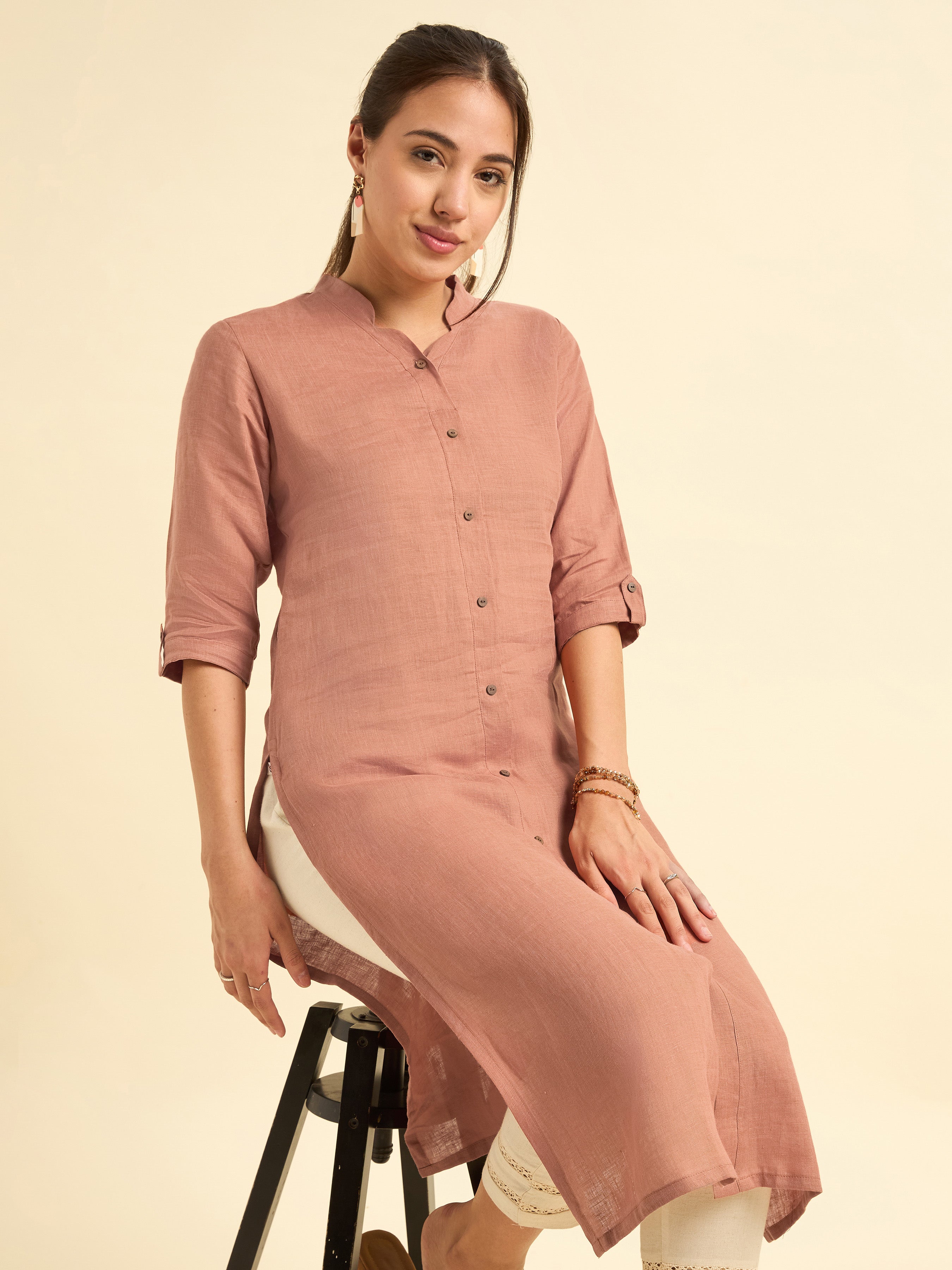 Rust Orange Colour Linen Plain Slitted Kurti With Full Placket