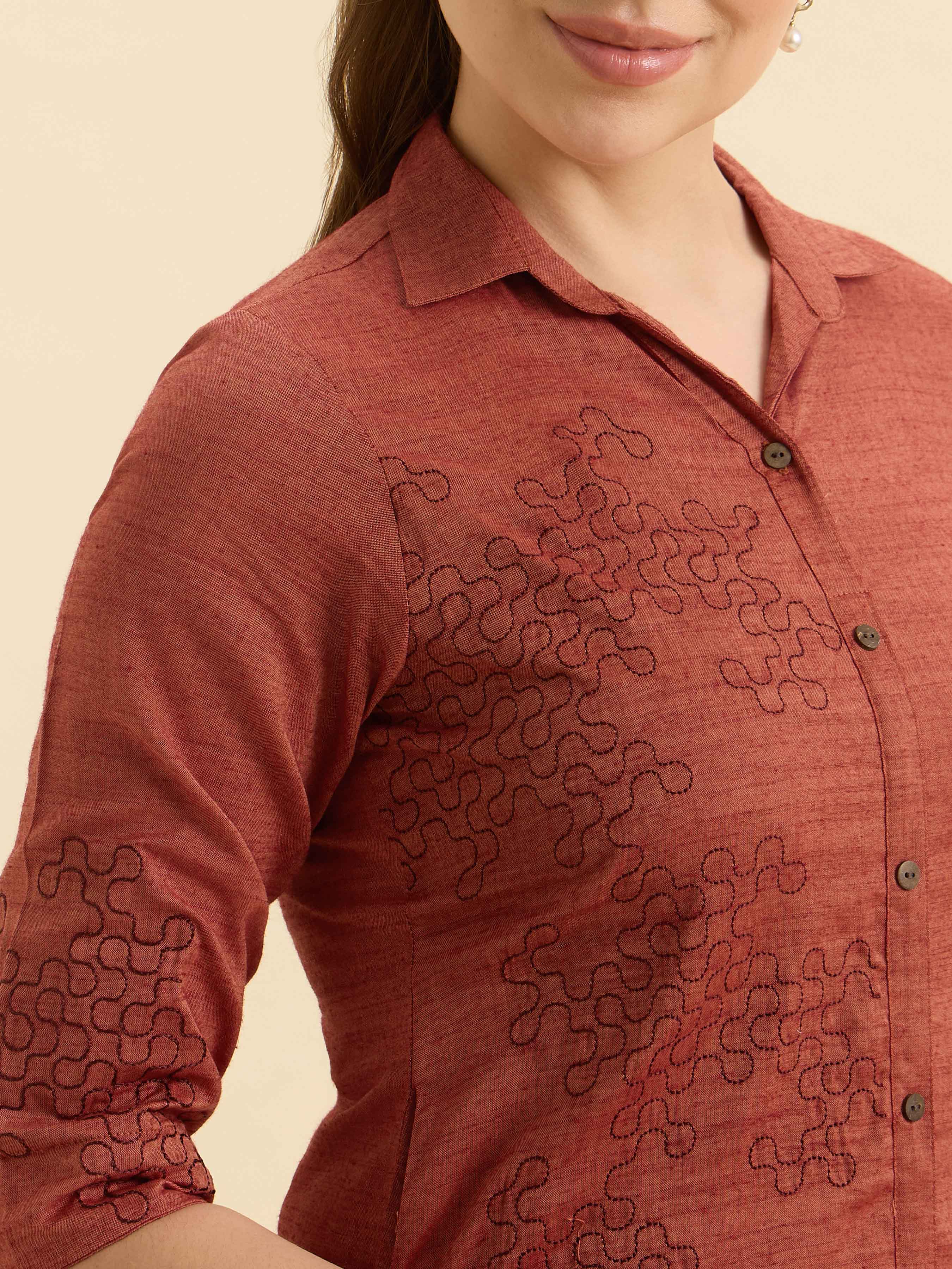 Rust Orange Cotton Viscose Slitted Kurti With Embroidery And Curved Hemline