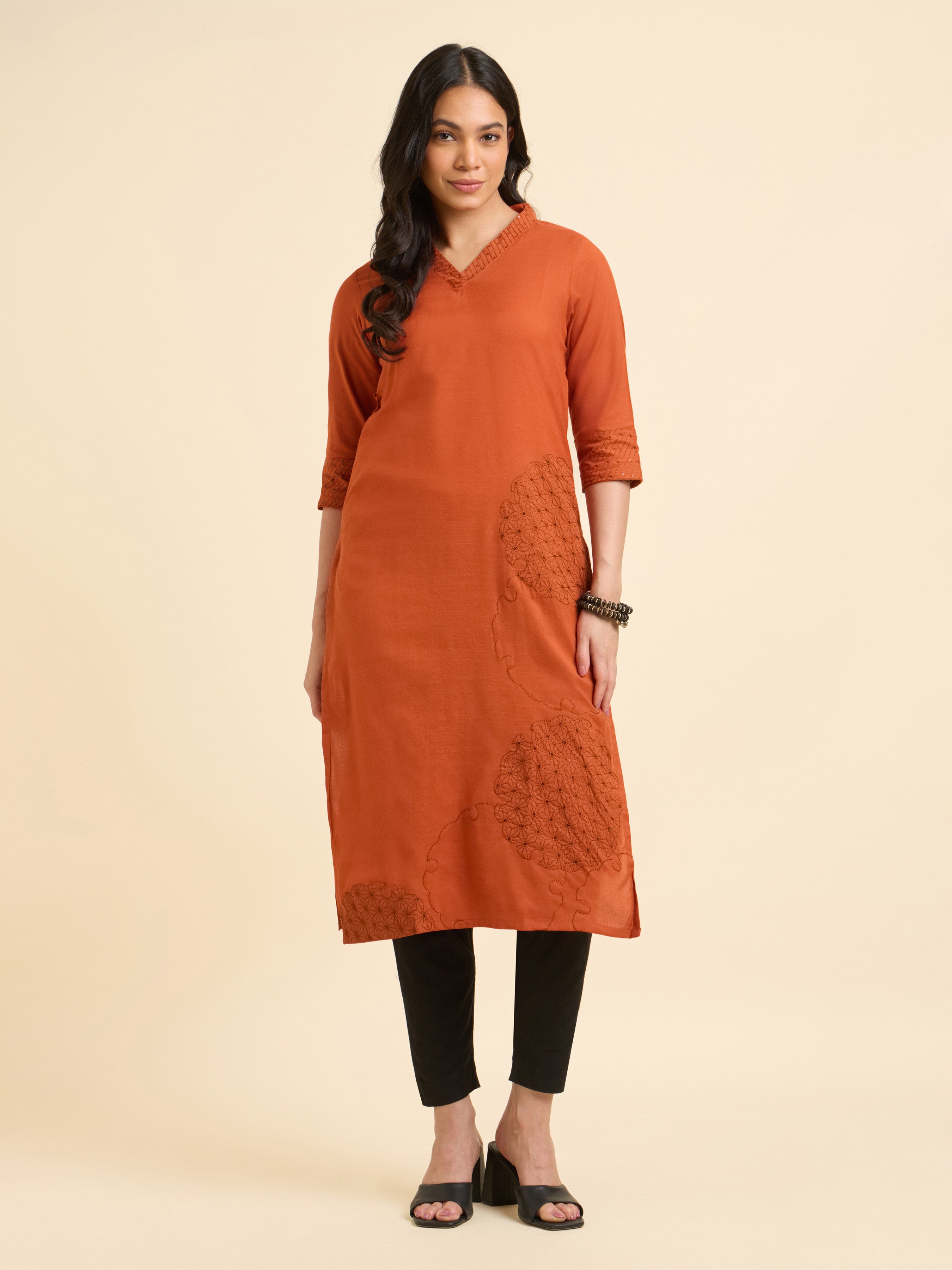 Rust Orange Cotton Viscose Slub Plain Slitted Kurti With Embroidery And Sequins Work