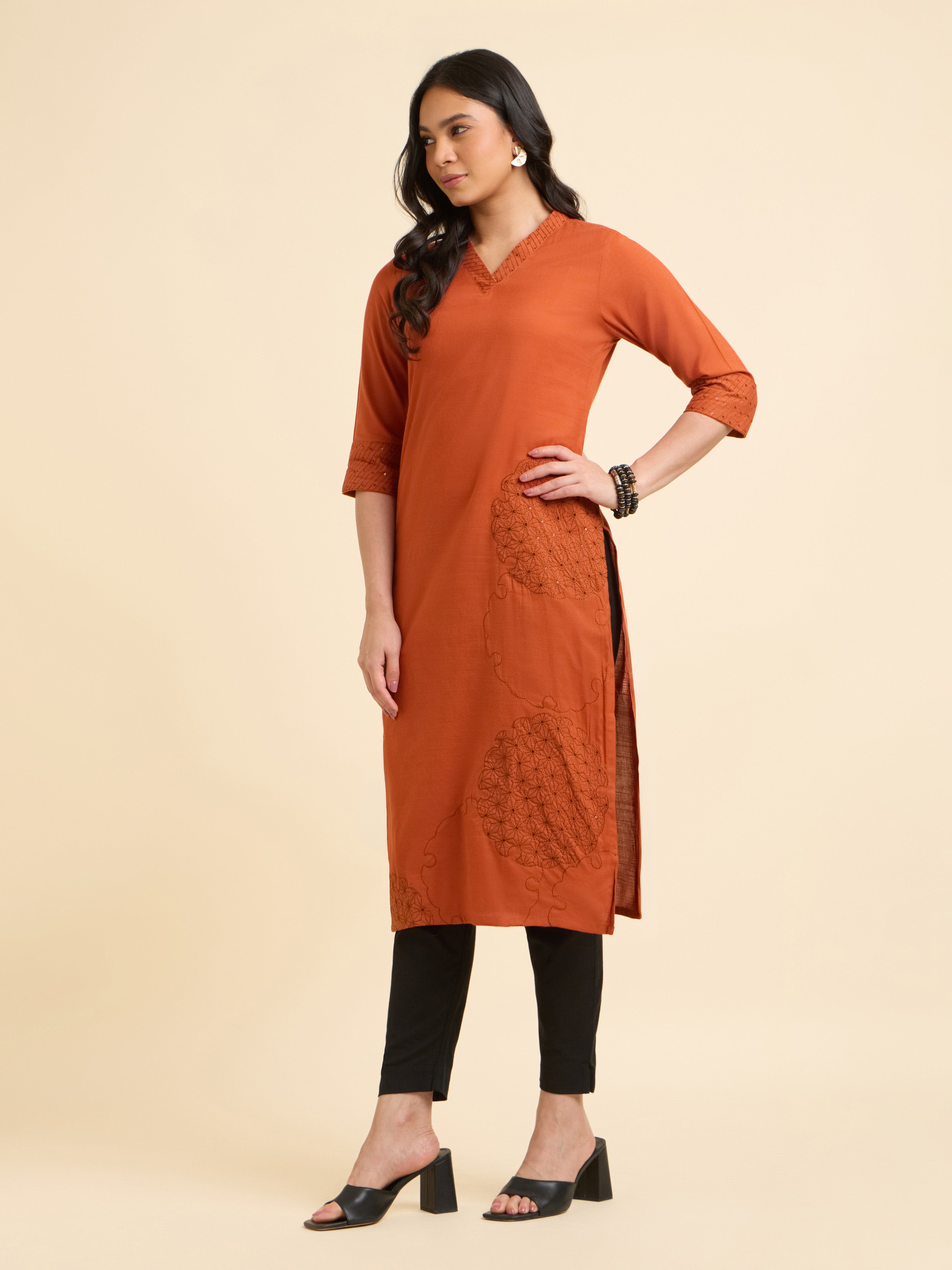 Rust Orange Cotton Viscose Slub Plain Slitted Kurti With Embroidery And Sequins Work