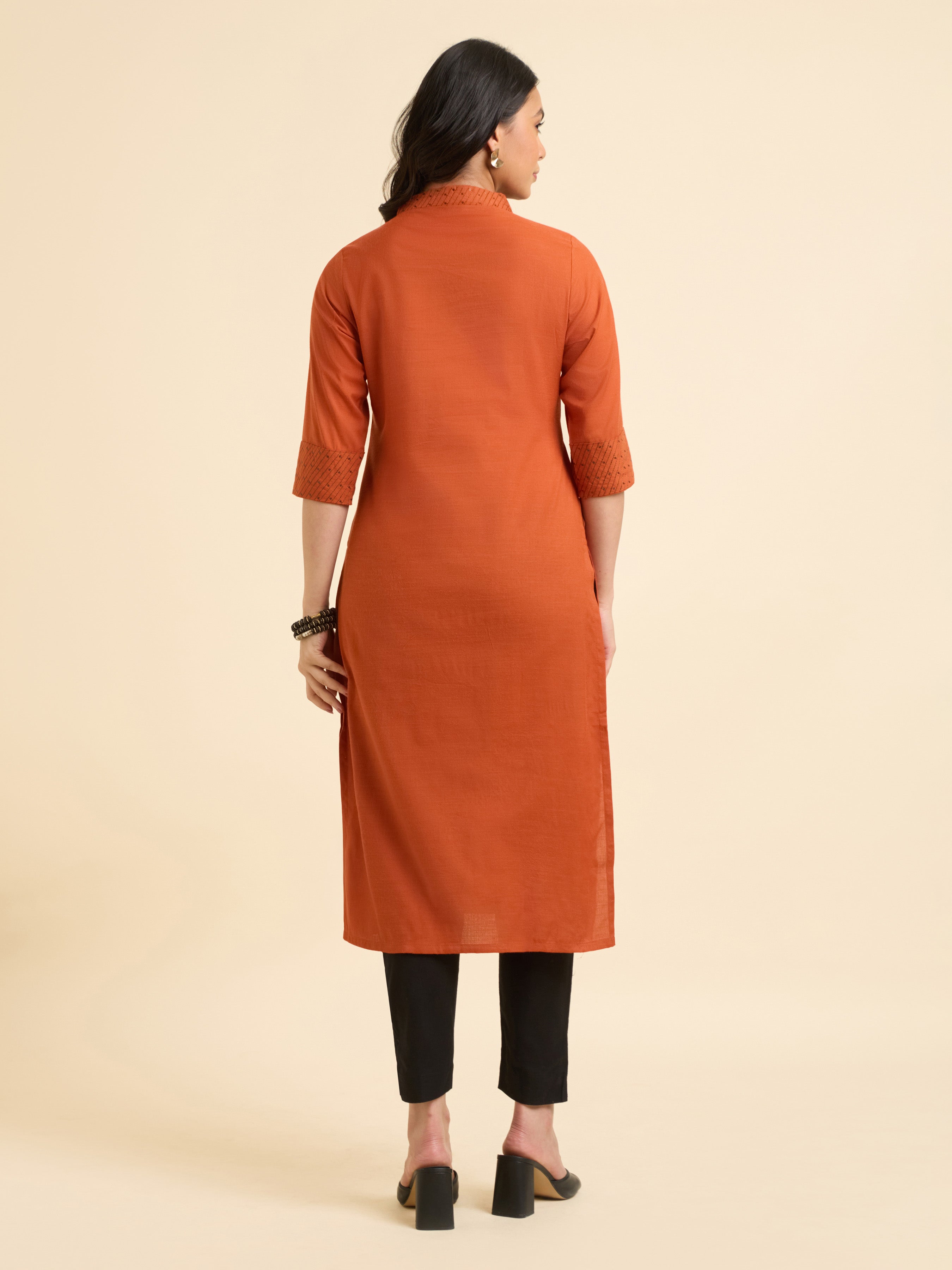 Rust Orange Cotton Viscose Slub Plain Slitted Kurti With Embroidery And Sequins Work