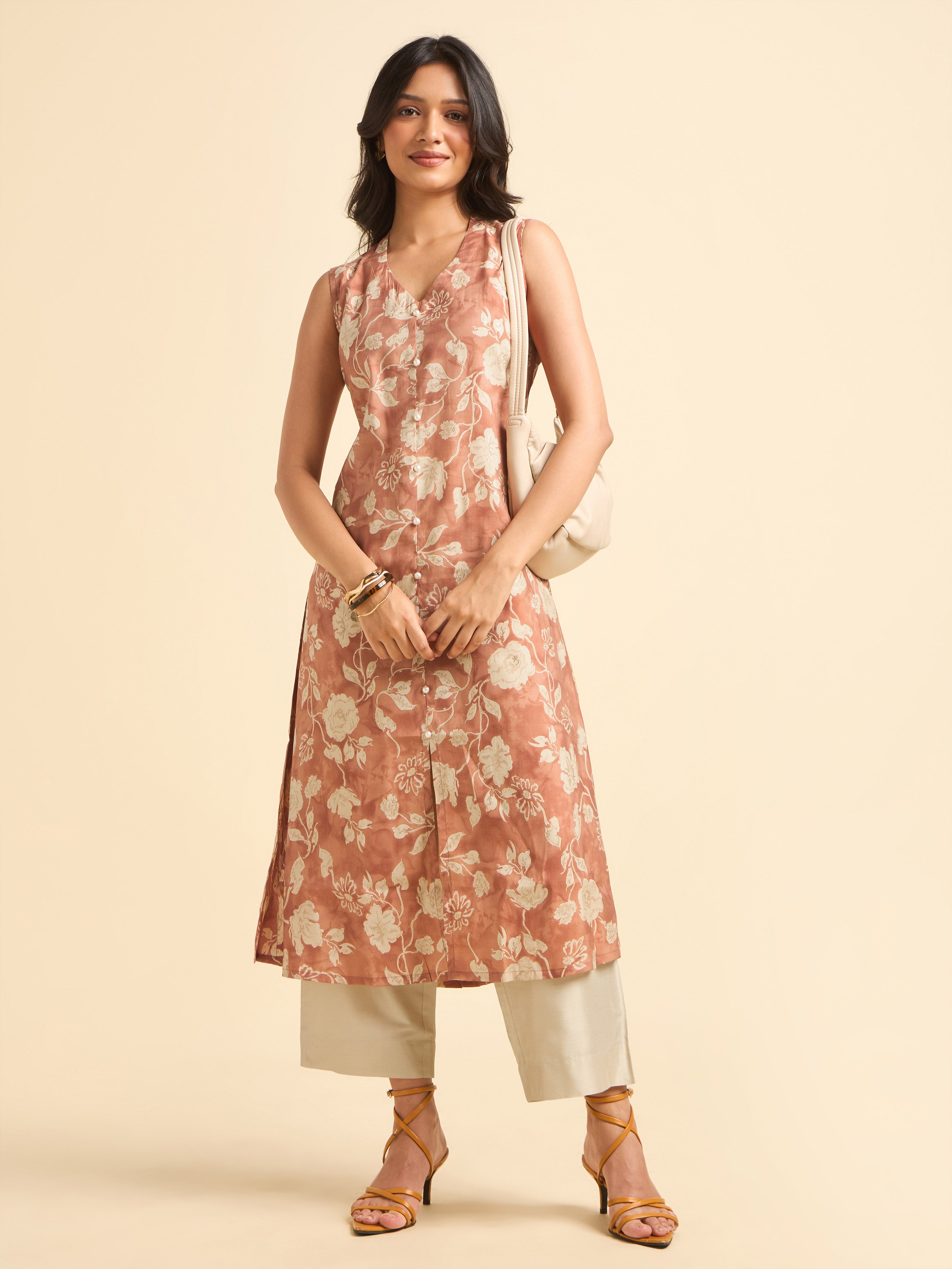 Rust Orange Ivory Colour Modal Chanderi Printed Flared Kurti With Bottom
