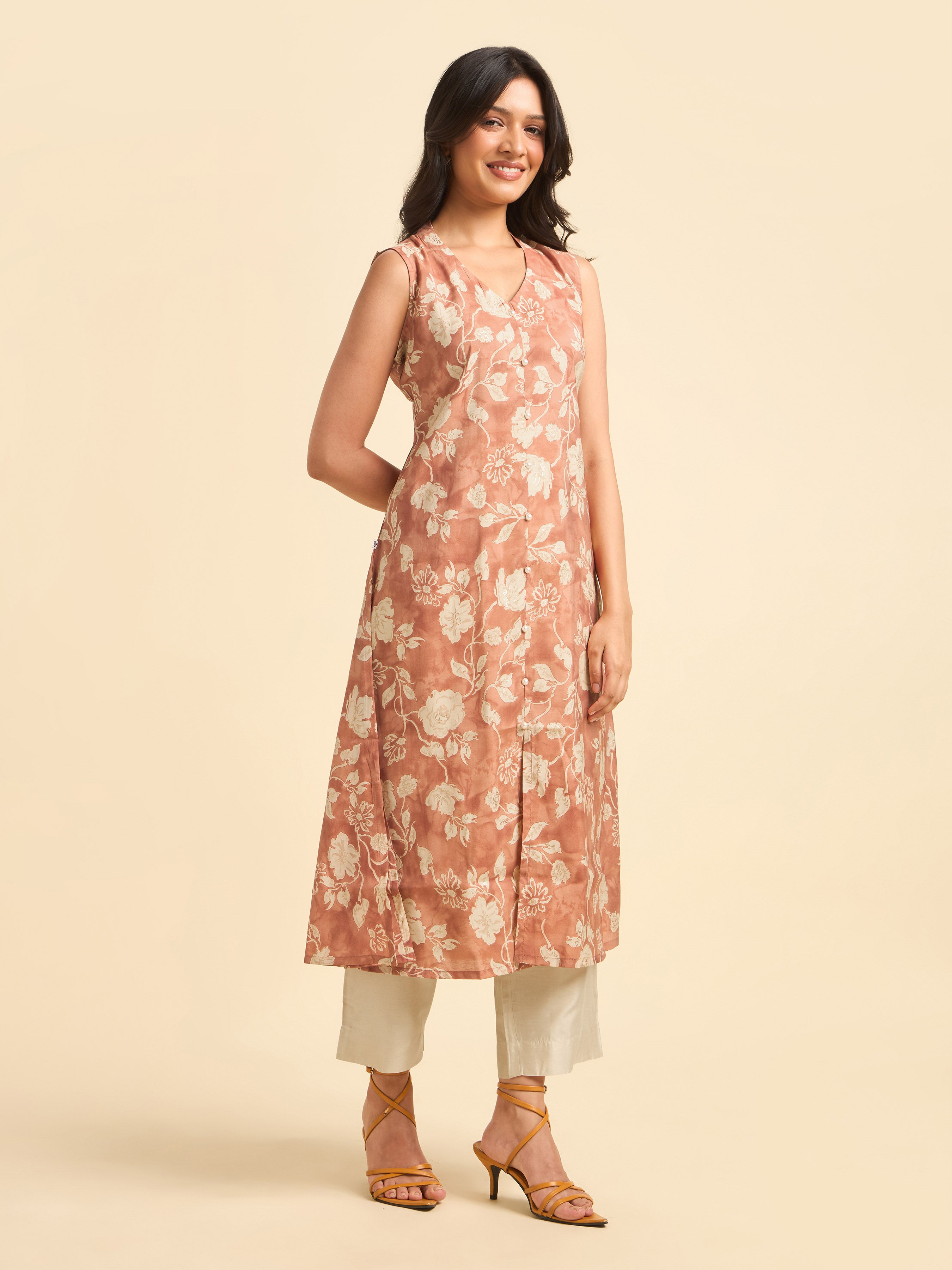 Rust Orange Ivory Colour Modal Chanderi Printed Flared Kurti With Bottom