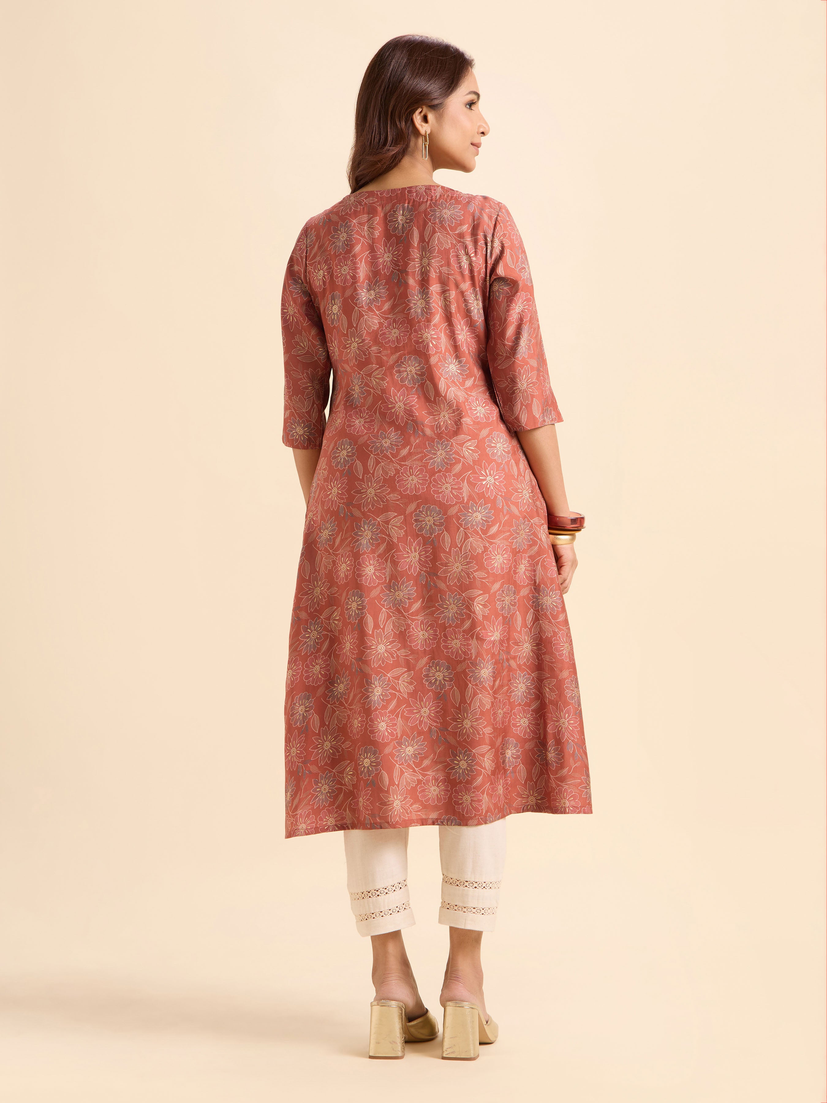 Rust Orange Multicolour Modal Chanderi Printed Flared Kurti