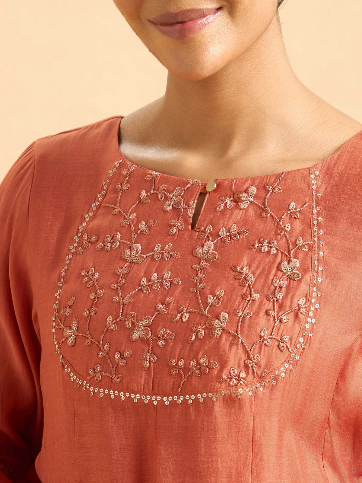 Rust Orange Modal Chanderi Plain Flared Kali Cut Kurti Set With Embroidery,Sequins Work,And Dupatta.