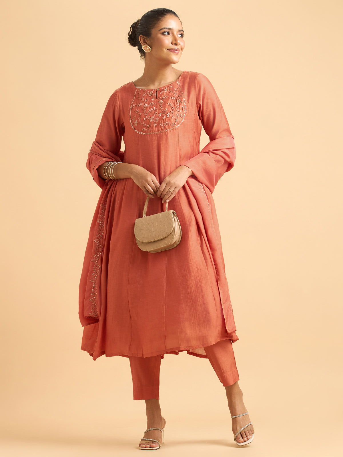 Rust Orange Modal Chanderi Plain Flared Kali Cut Kurti Set With Embroidery,Sequins Work,And Dupatta.