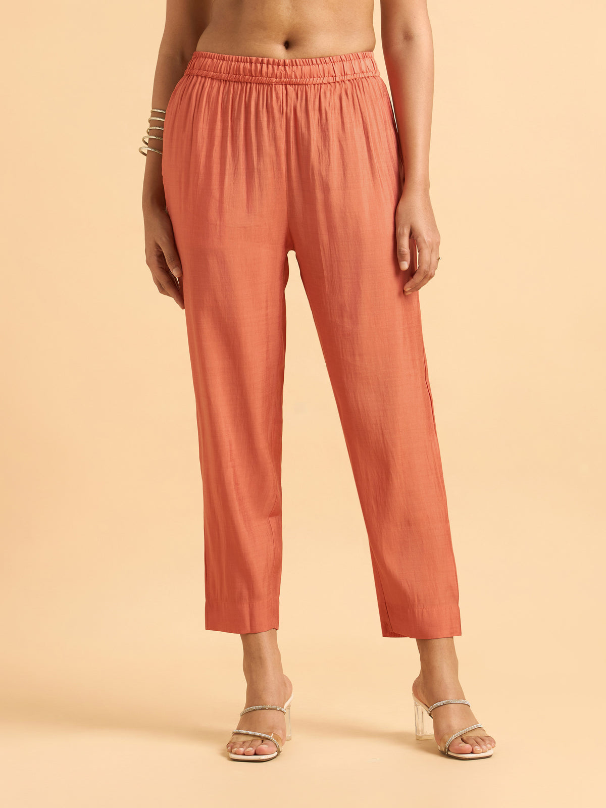 Rust Orange Modal Chanderi Plain Flared Kali Cut Kurti Set With Embroidery,Sequins Work,And Dupatta.