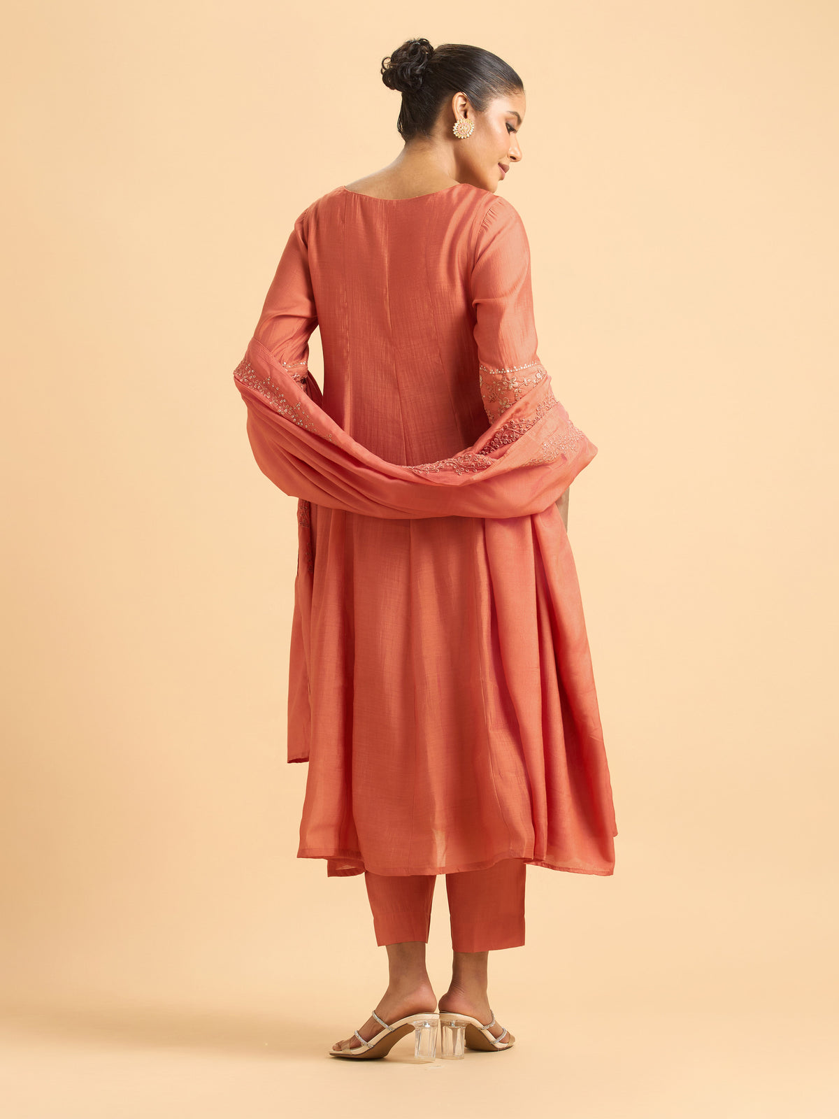 Rust Orange Modal Chanderi Plain Flared Kali Cut Kurti Set With Embroidery,Sequins Work,And Dupatta.