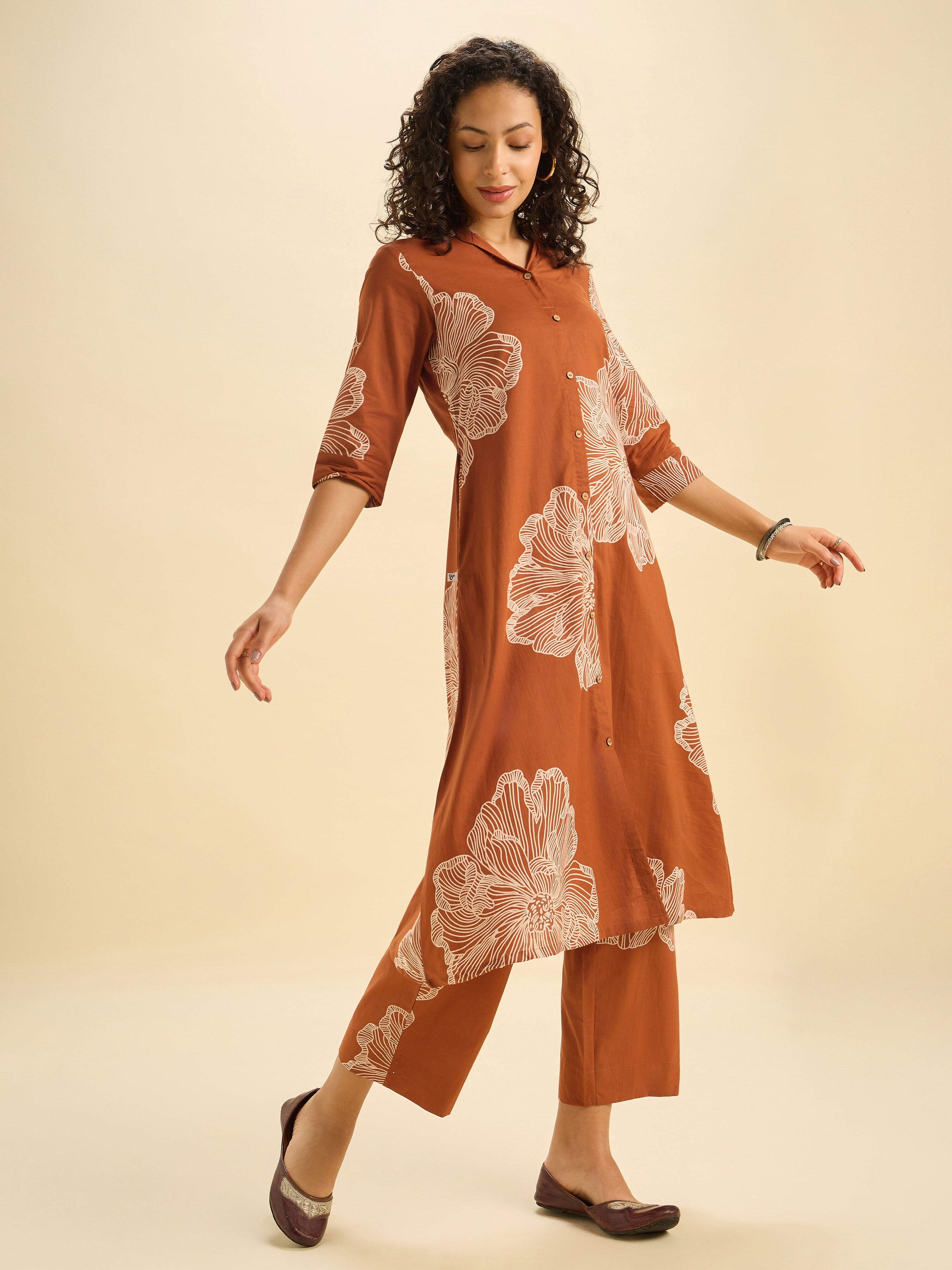Rust Orange Pure Cotton Printed Flared Kurti Set