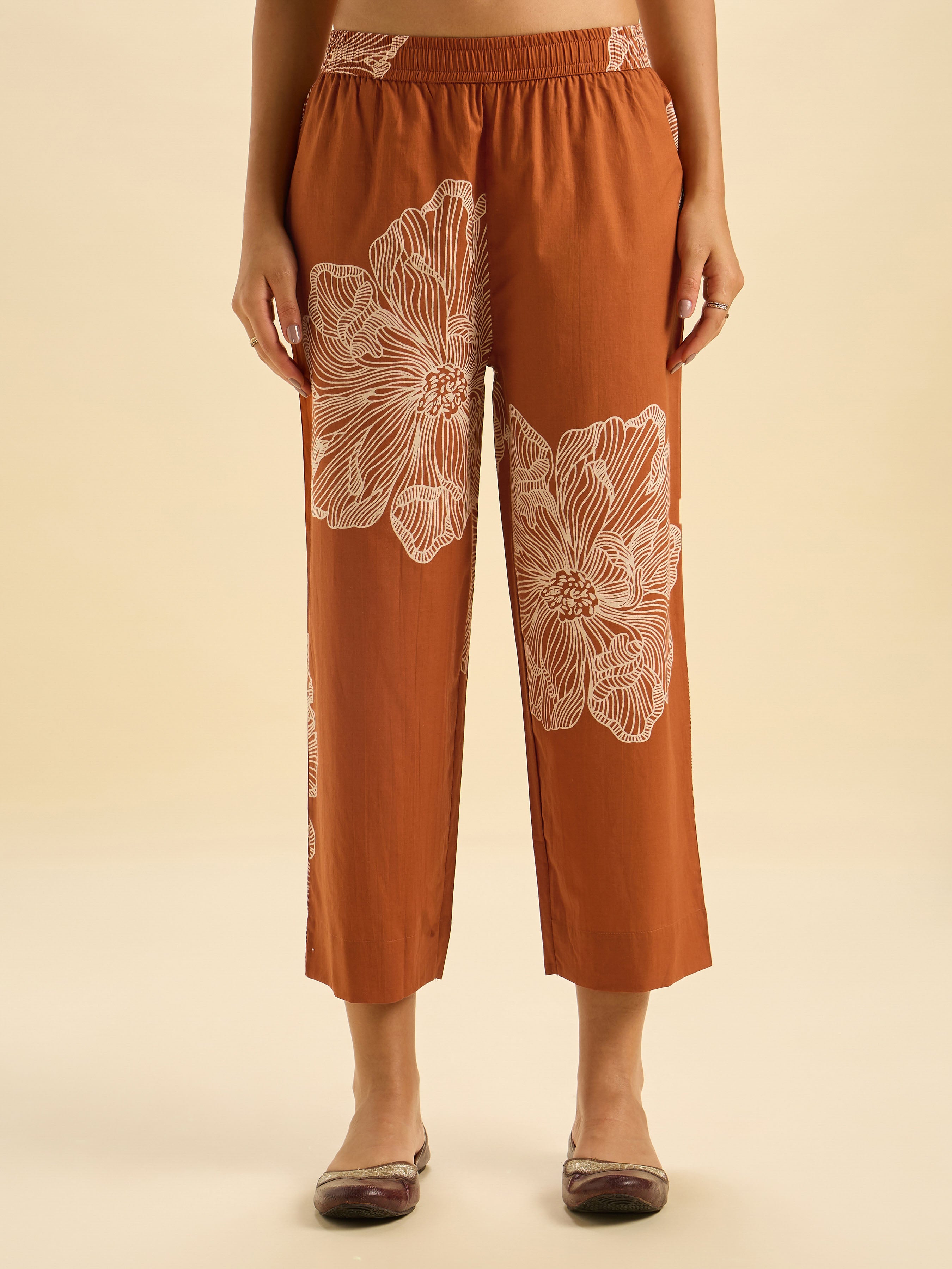 Rust Orange Pure Cotton Printed Flared Kurti Set