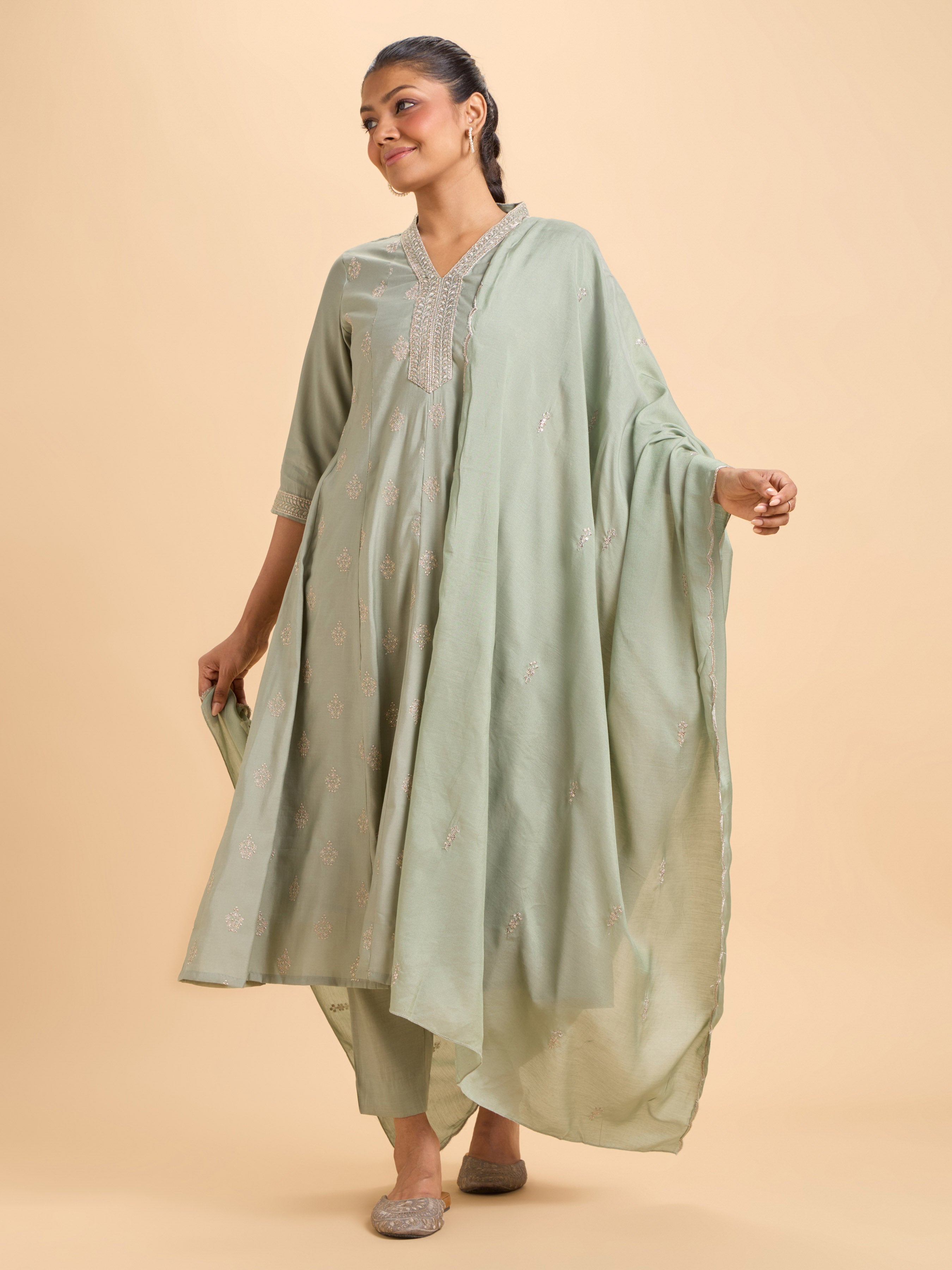Sage Green Chanderi Flared Kali Cut Kurti Set With Dupatta And Embroidery