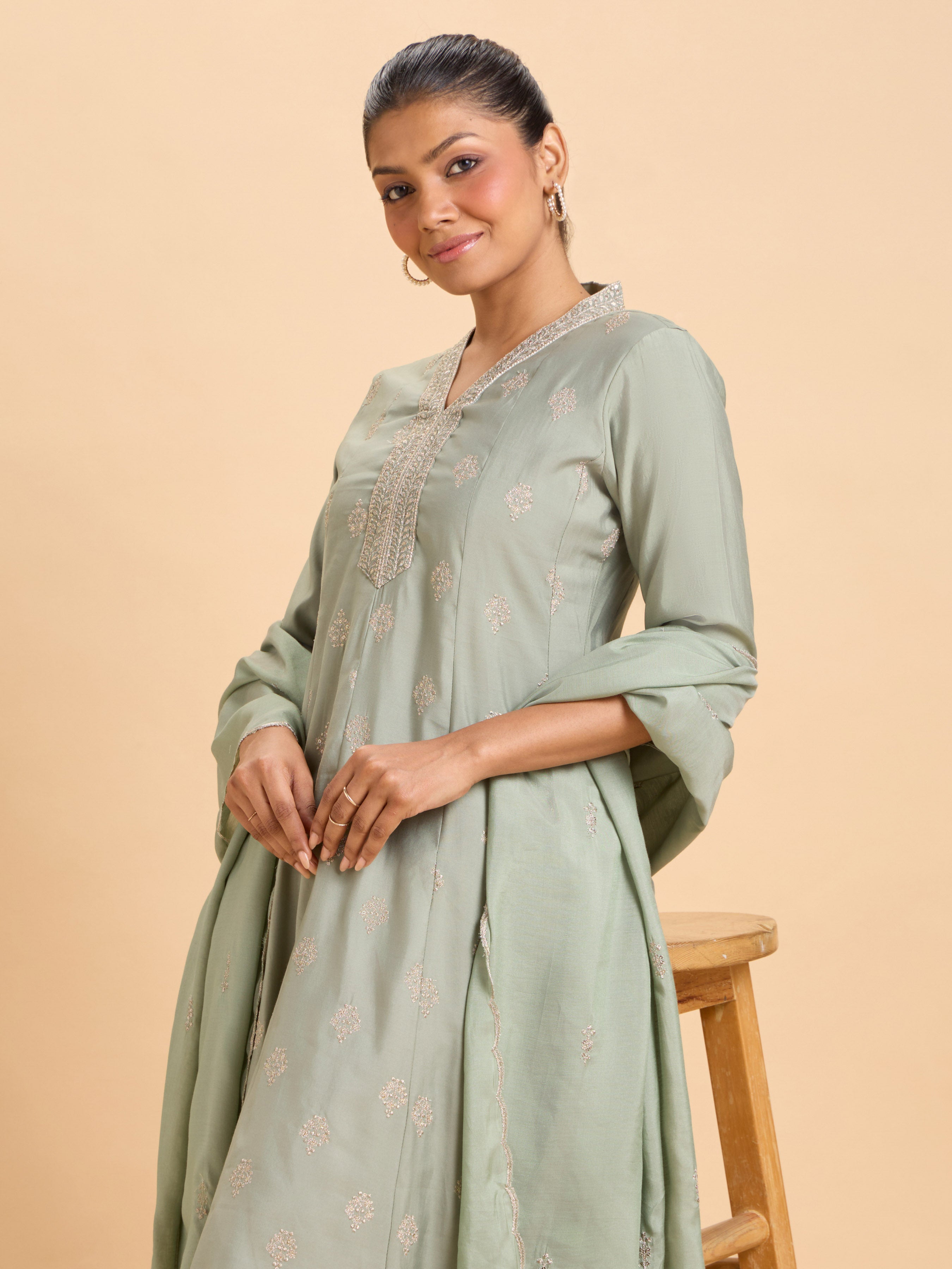 Sage Green Chanderi Flared Kali Cut Kurti Set With Dupatta And Embroidery