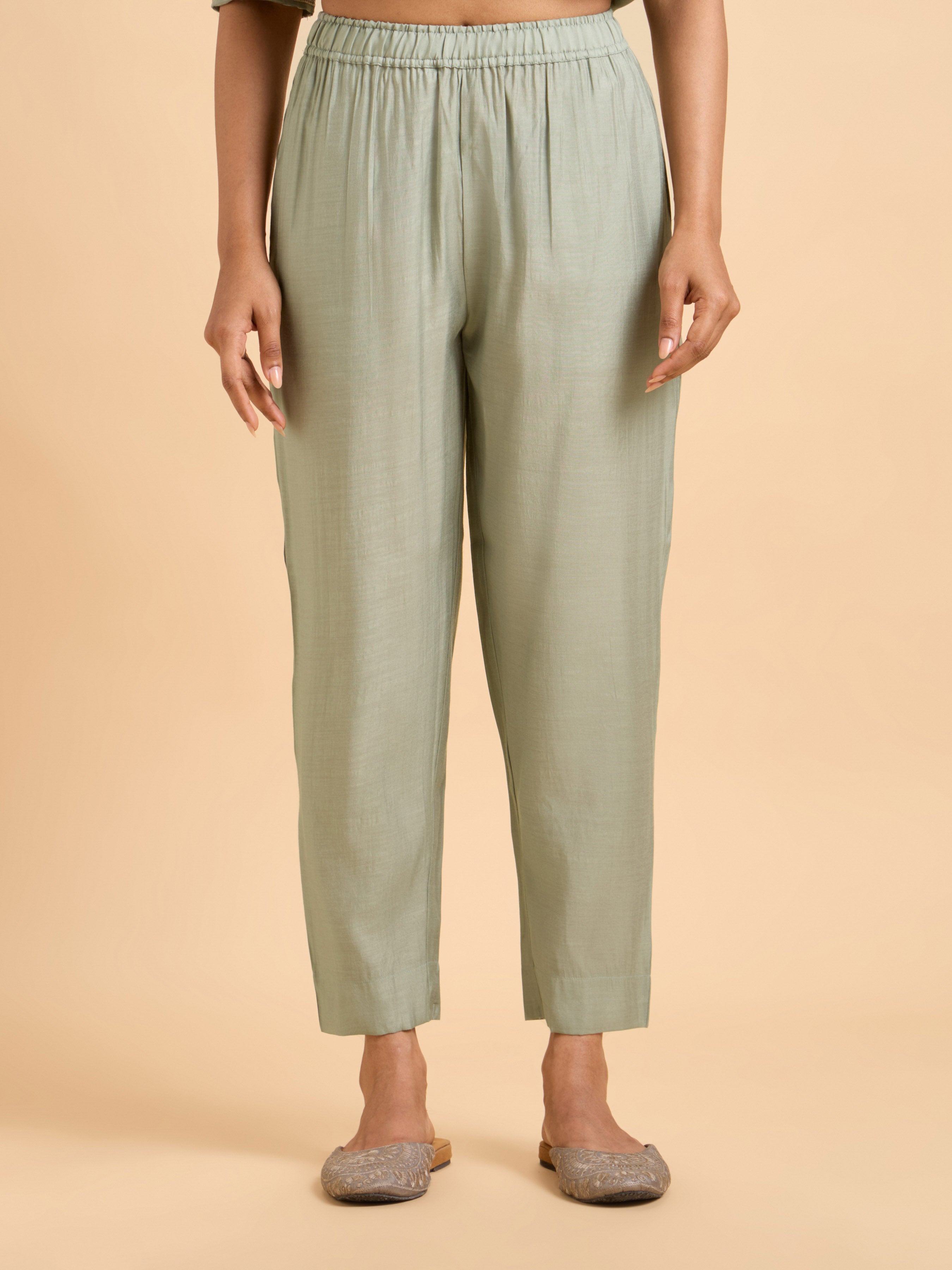 Sage Green Chanderi Flared Kali Cut Kurti Set With Dupatta And Embroidery