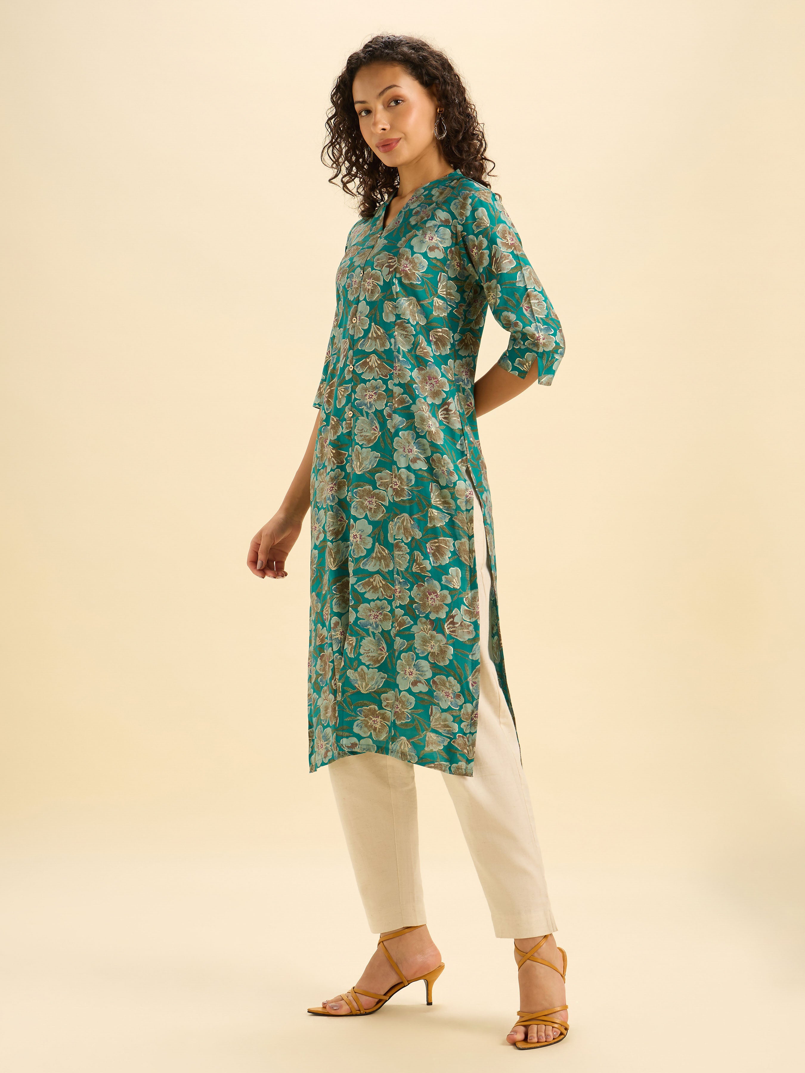 Sage Green Modal Chanderi Printed Slitted Kurti With Princess Cut