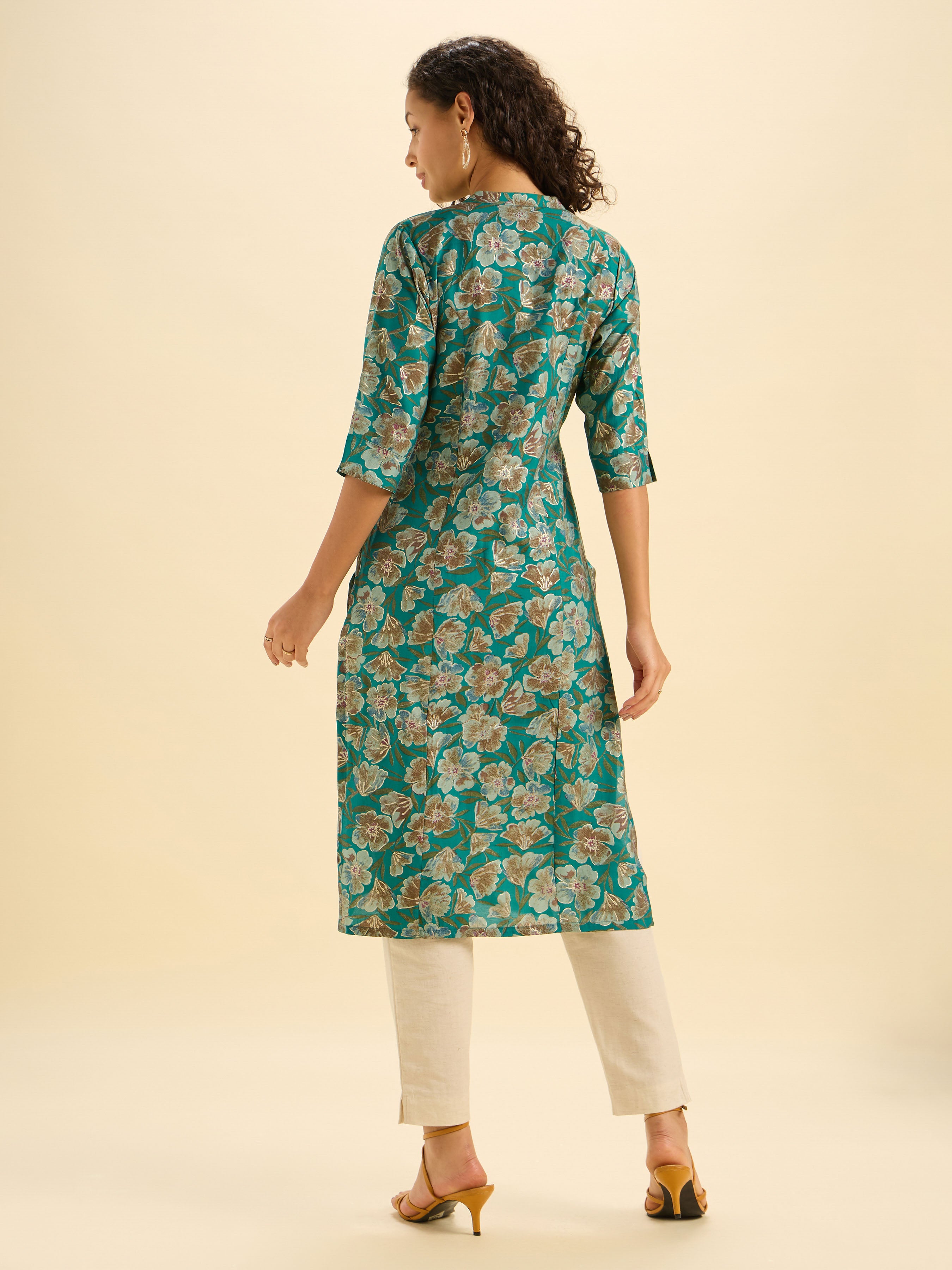 Sage Green Modal Chanderi Printed Slitted Kurti With Princess Cut